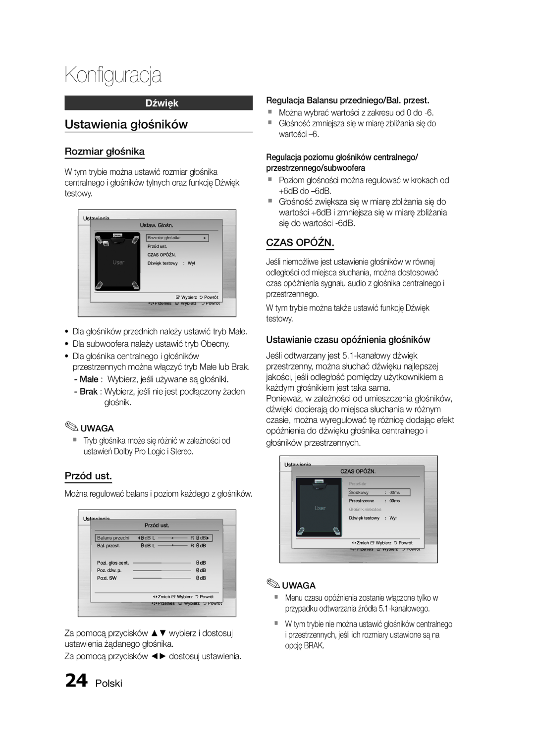 Samsung HT-E455/EN manual Ustawienia głośników, Dźwięk, Rozmiar głośnika, Przód ust, Ustawianie czasu opóźnienia głośników 