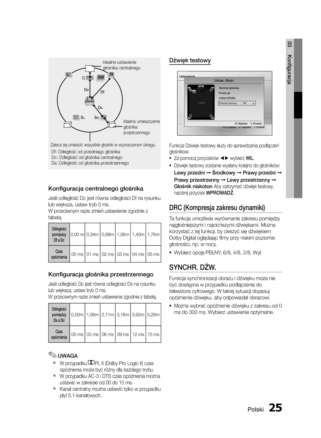 Samsung HT-E453/EN manual DRC Kompresja zakresu dynamiki, Synchr. Dźw, Konfiguracja centralnego głośnika, Dźwięk testowy 