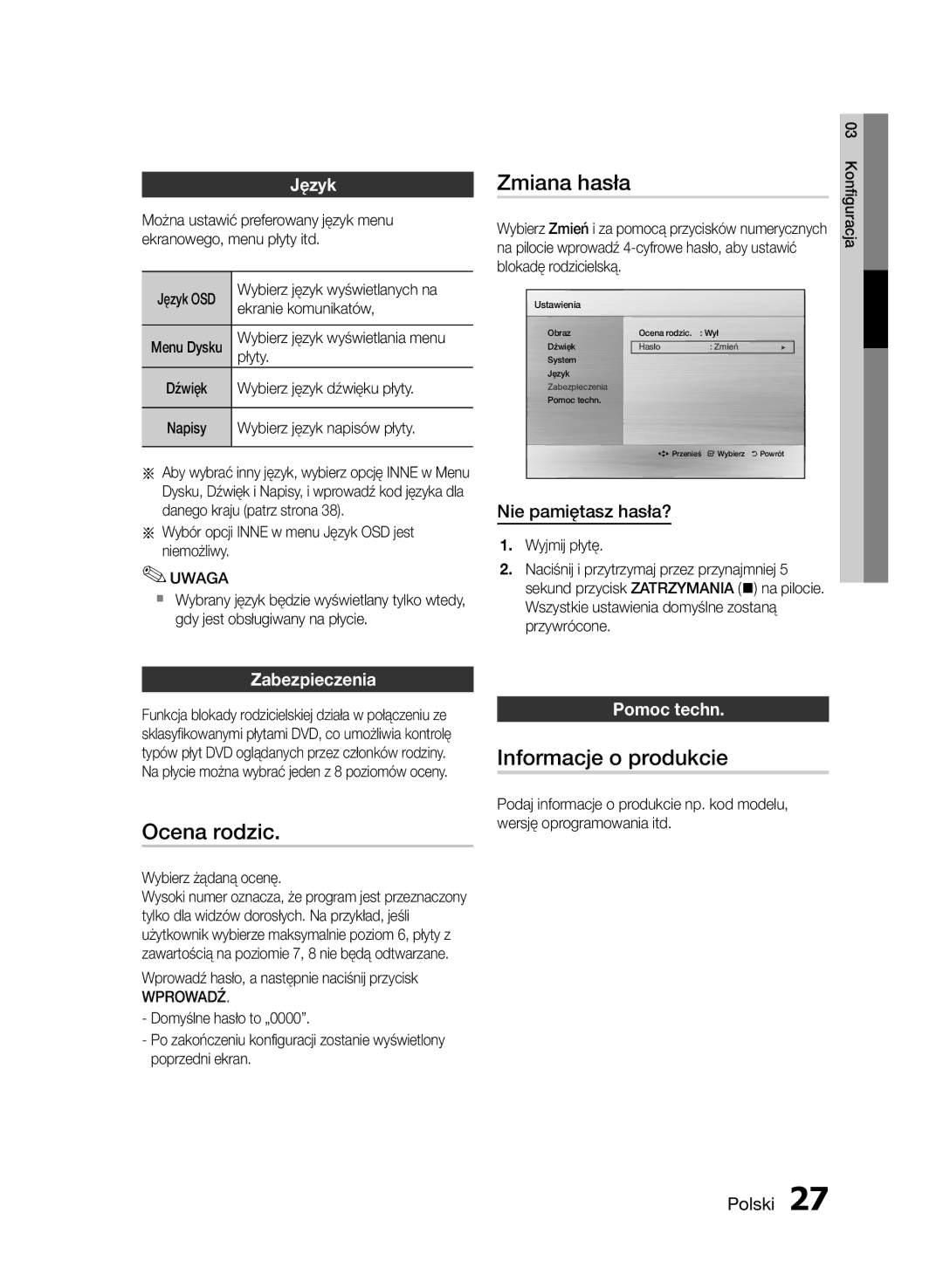 Samsung HT-E453/EN, HT-E455/EN manual Zmiana hasła, Ocena rodzic, Informacje o produkcie 