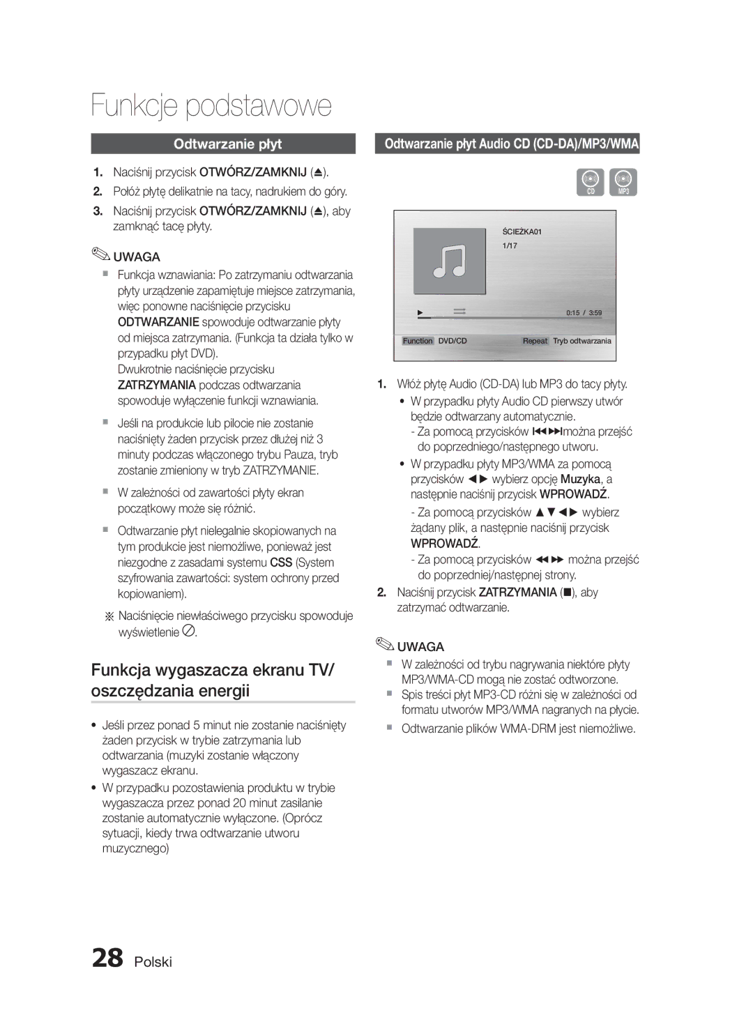 Samsung HT-E455/EN, HT-E453/EN manual Funkcja wygaszacza ekranu TV/ oszczędzania energii, Odtwarzanie płyt 