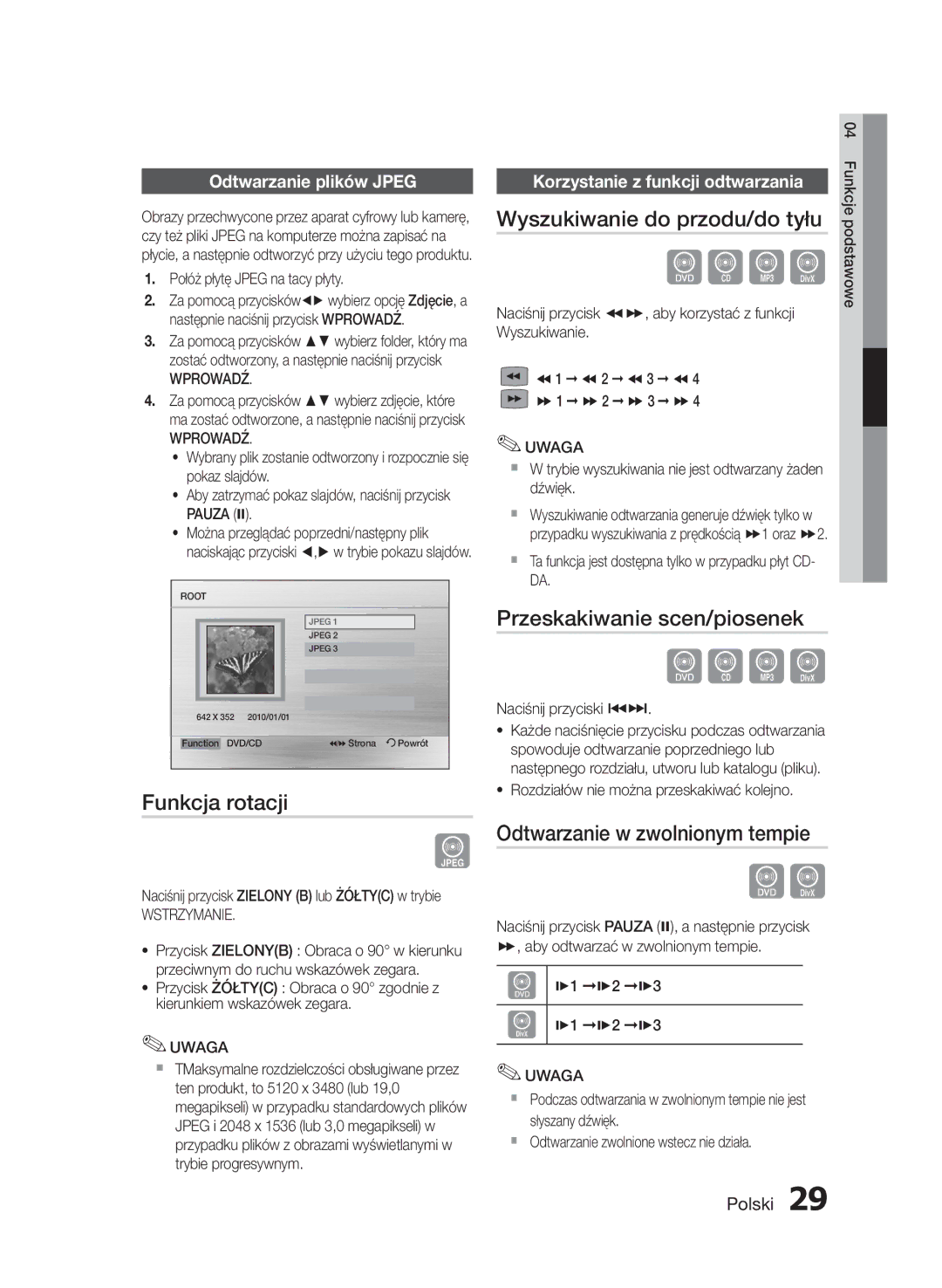 Samsung HT-E453/EN, HT-E455/EN manual Funkcja rotacji, Wyszukiwanie do przodu/do tyłu, Przeskakiwanie scen/piosenek 