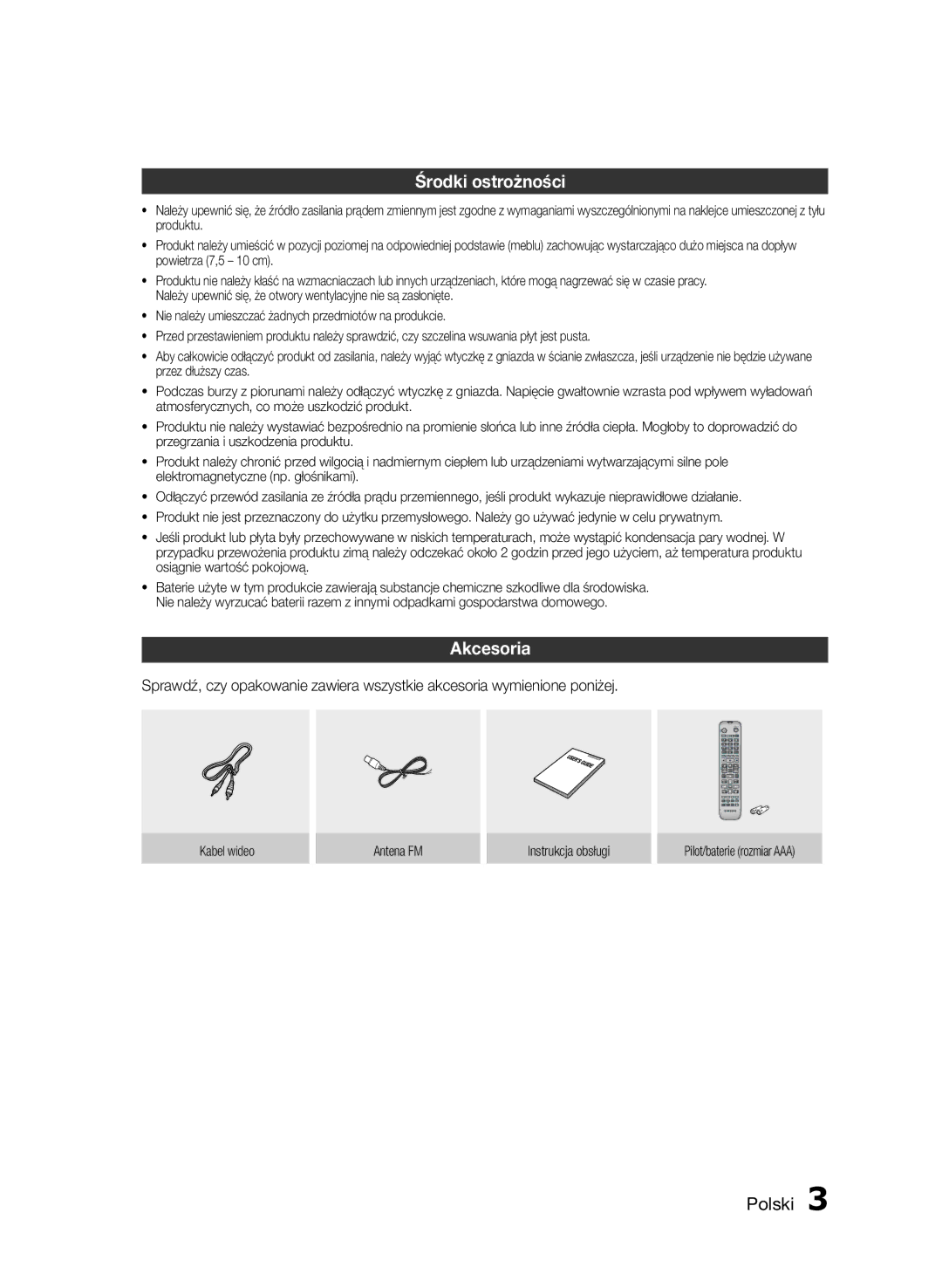 Samsung HT-E453/EN, HT-E455/EN manual Środki ostrożności, Akcesoria 