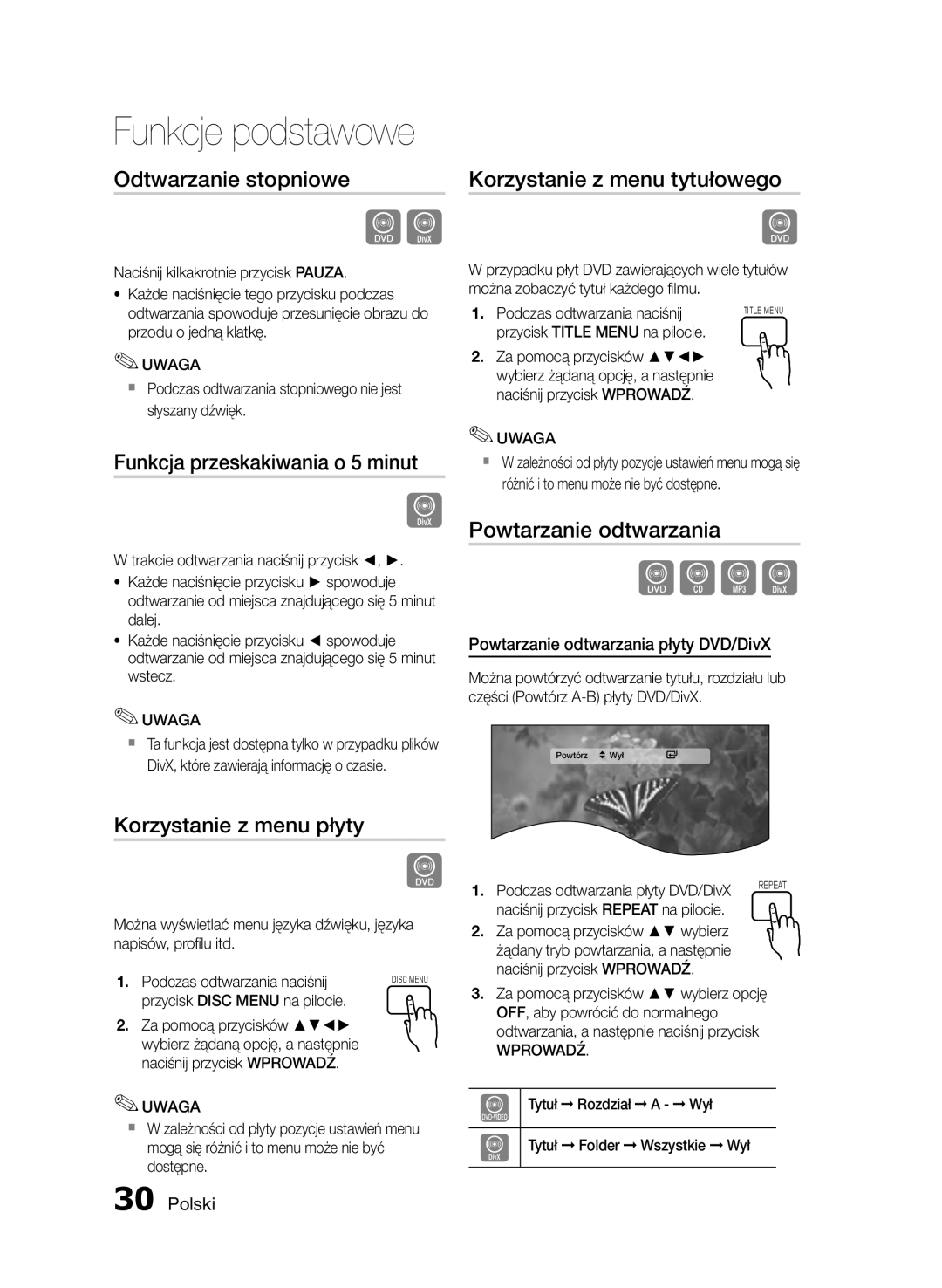 Samsung HT-E455/EN, HT-E453/EN manual Odtwarzanie stopniowe, Funkcja przeskakiwania o 5 minut, Korzystanie z menu płyty 