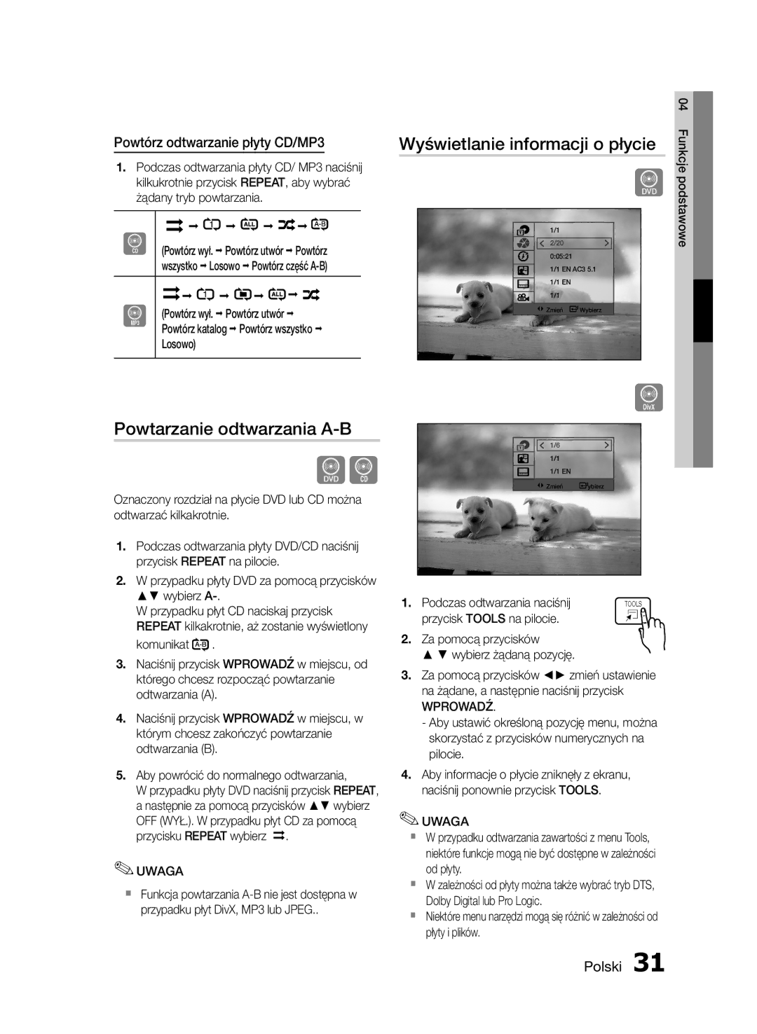 Samsung HT-E453/EN manual Wyświetlanie informacji o płycie, Powtarzanie odtwarzania A-B, Powtórz odtwarzanie płyty CD/MP3 