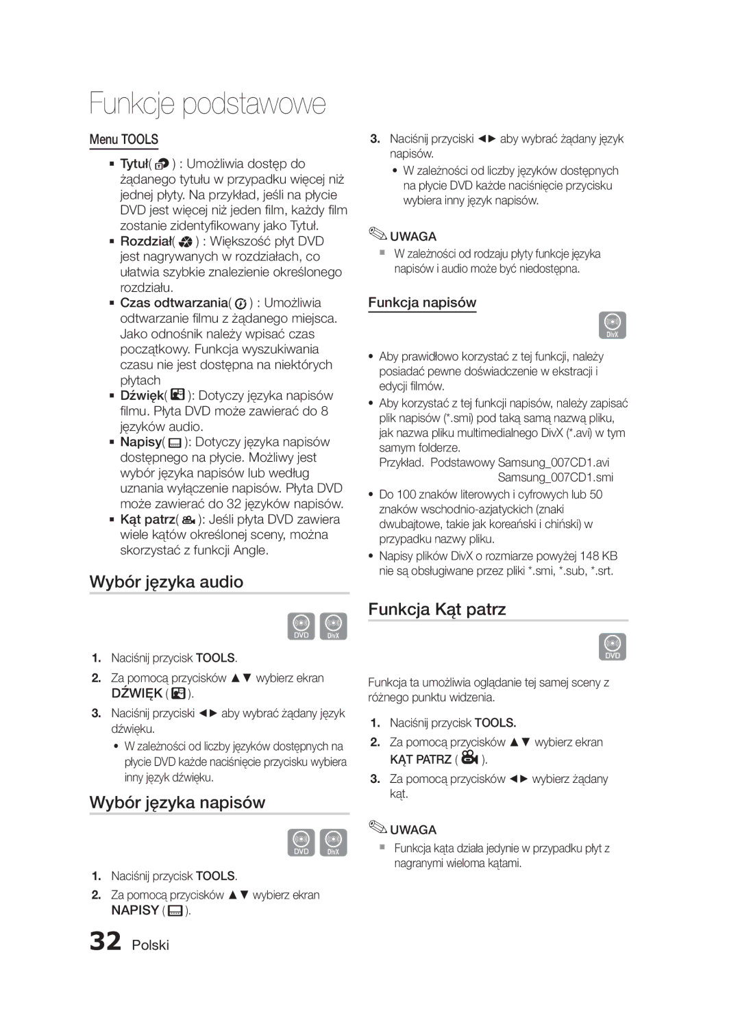 Samsung HT-E455/EN, HT-E453/EN Wybór języka audio, Wybór języka napisów, Funkcja Kąt patrz, Menu Tools, Funkcja napisów 