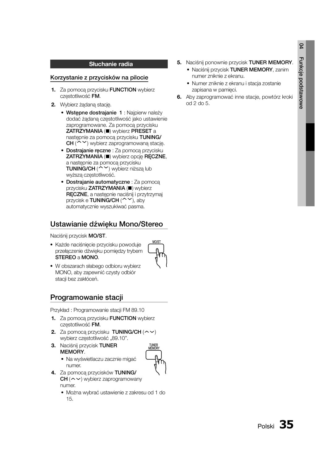 Samsung HT-E453/EN, HT-E455/EN manual Korzystanie z przycisków na pilocie, Naciśnij przycisk MO/ST 