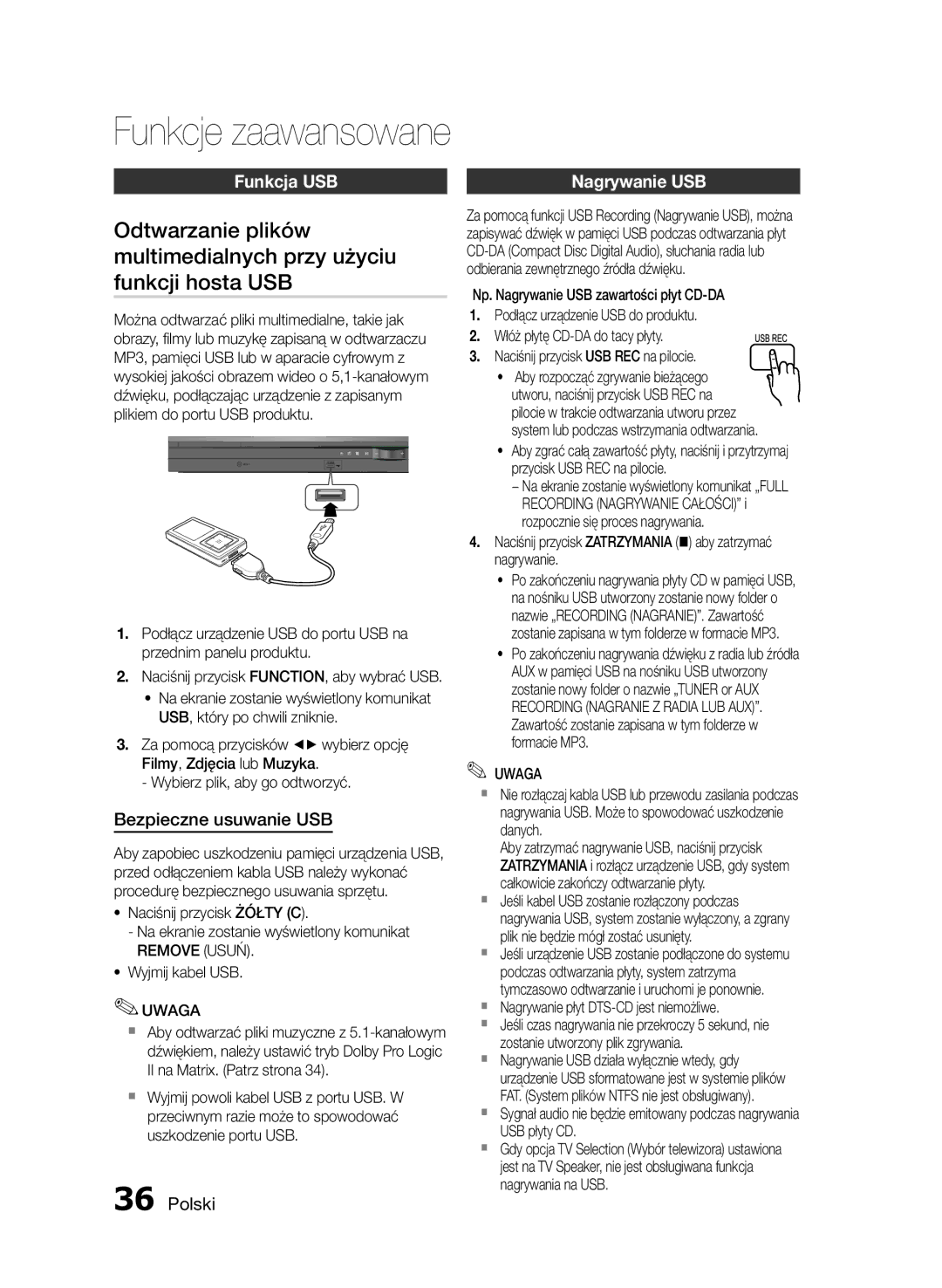 Samsung HT-E455/EN manual Funkcja USB, Bezpieczne usuwanie USB, Nagrywanie USB, `` Nagrywanie płyt DTS-CD jest niemożliwe 