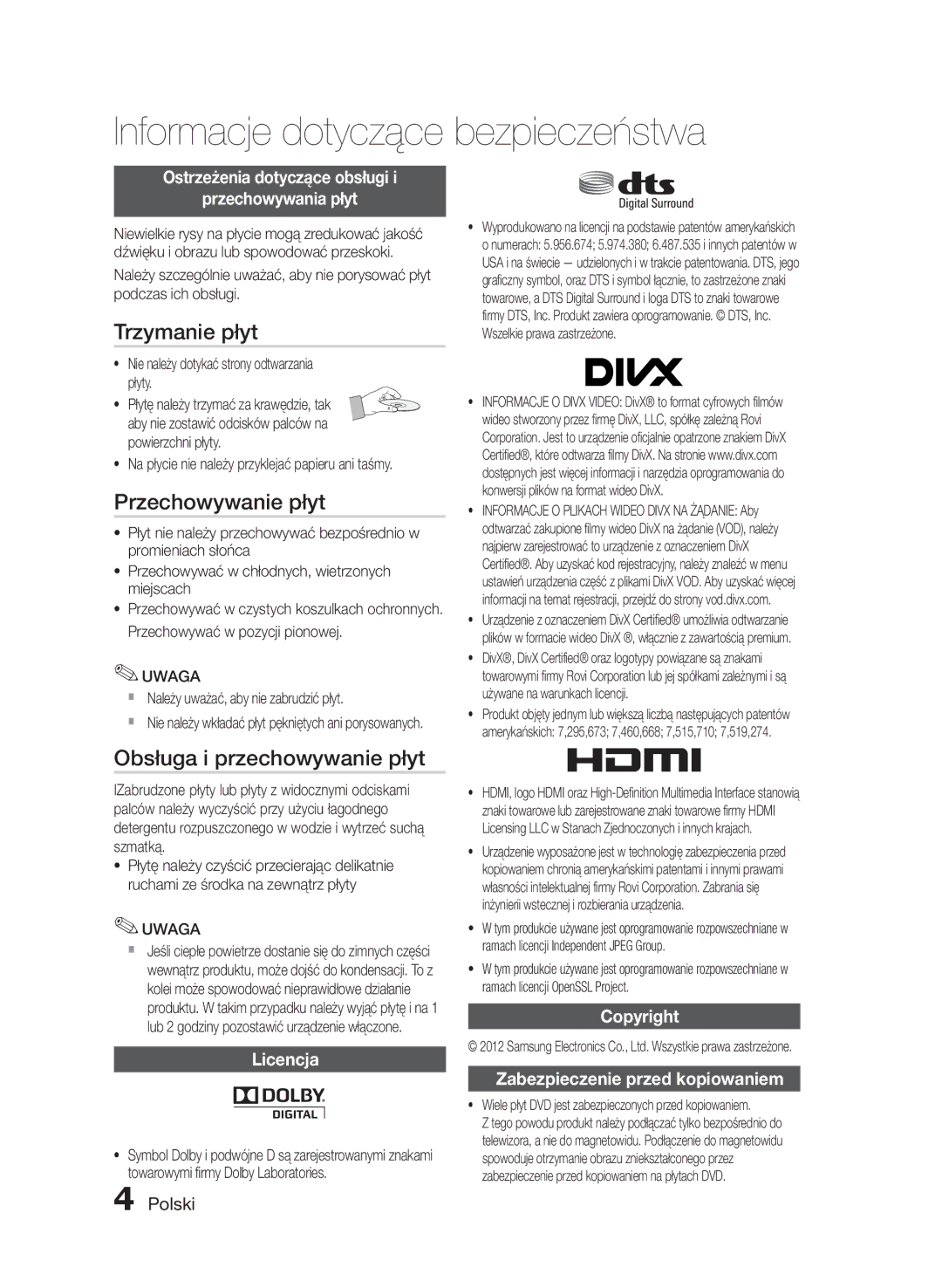 Samsung HT-E455/EN, HT-E453/EN manual Trzymanie płyt, Przechowywanie płyt, Obsługa i przechowywanie płyt 