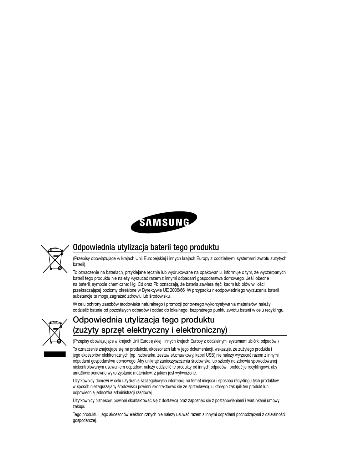 Samsung HT-E455/EN, HT-E453/EN manual Odpowiednia utylizacja baterii tego produktu 