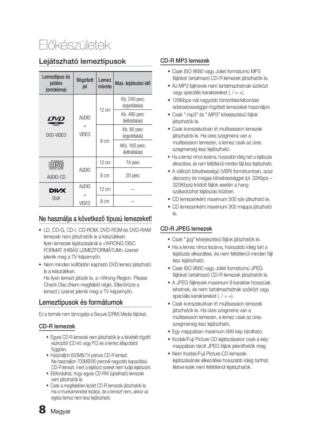 Samsung HT-E455/EN, HT-E453/EN manual Lejátszható lemeztípusok, Lemeztípusok és formátumok 