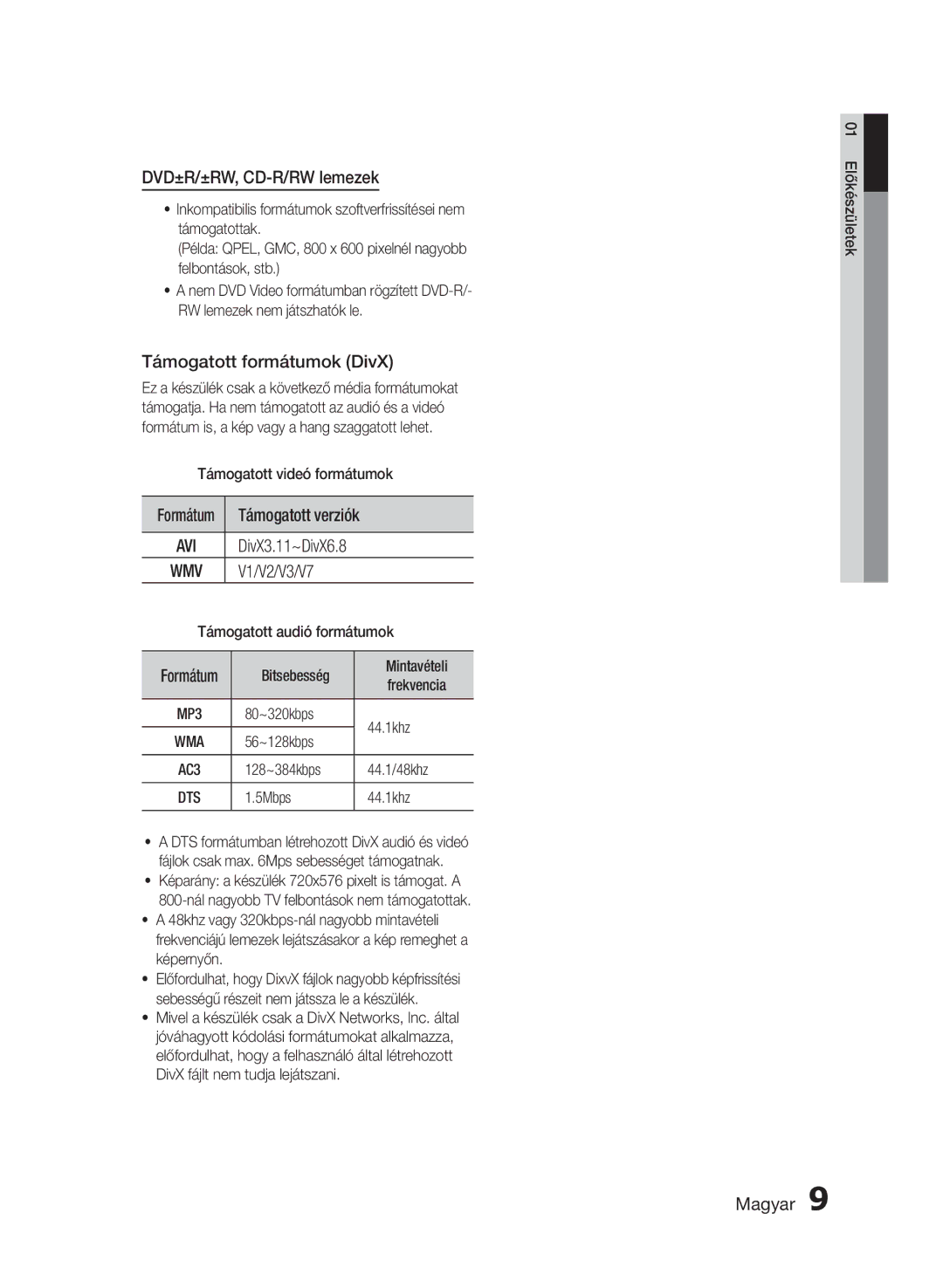 Samsung HT-E453/EN, HT-E455/EN manual DVD±R/±RW, CD-R/RW lemezek, Támogatott formátumok DivX 