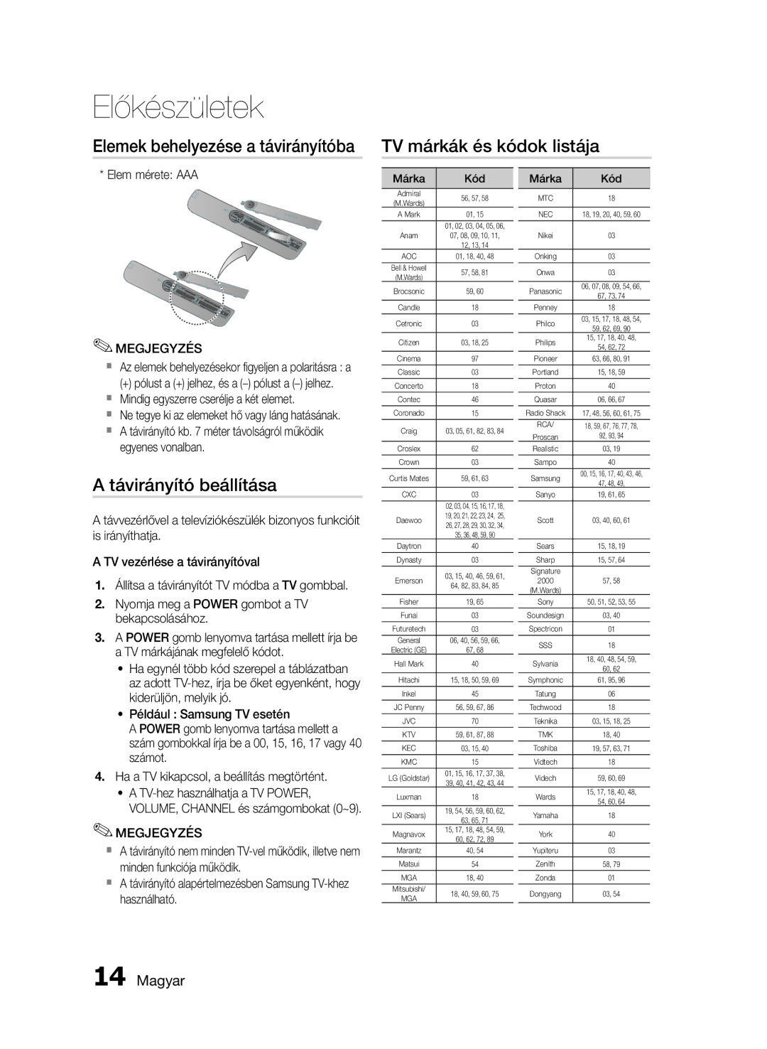 Samsung HT-E455/EN, HT-E453/EN manual Távirányító beállítása, Elem mérete AAA, Egyenes vonalban, Márka Kód 