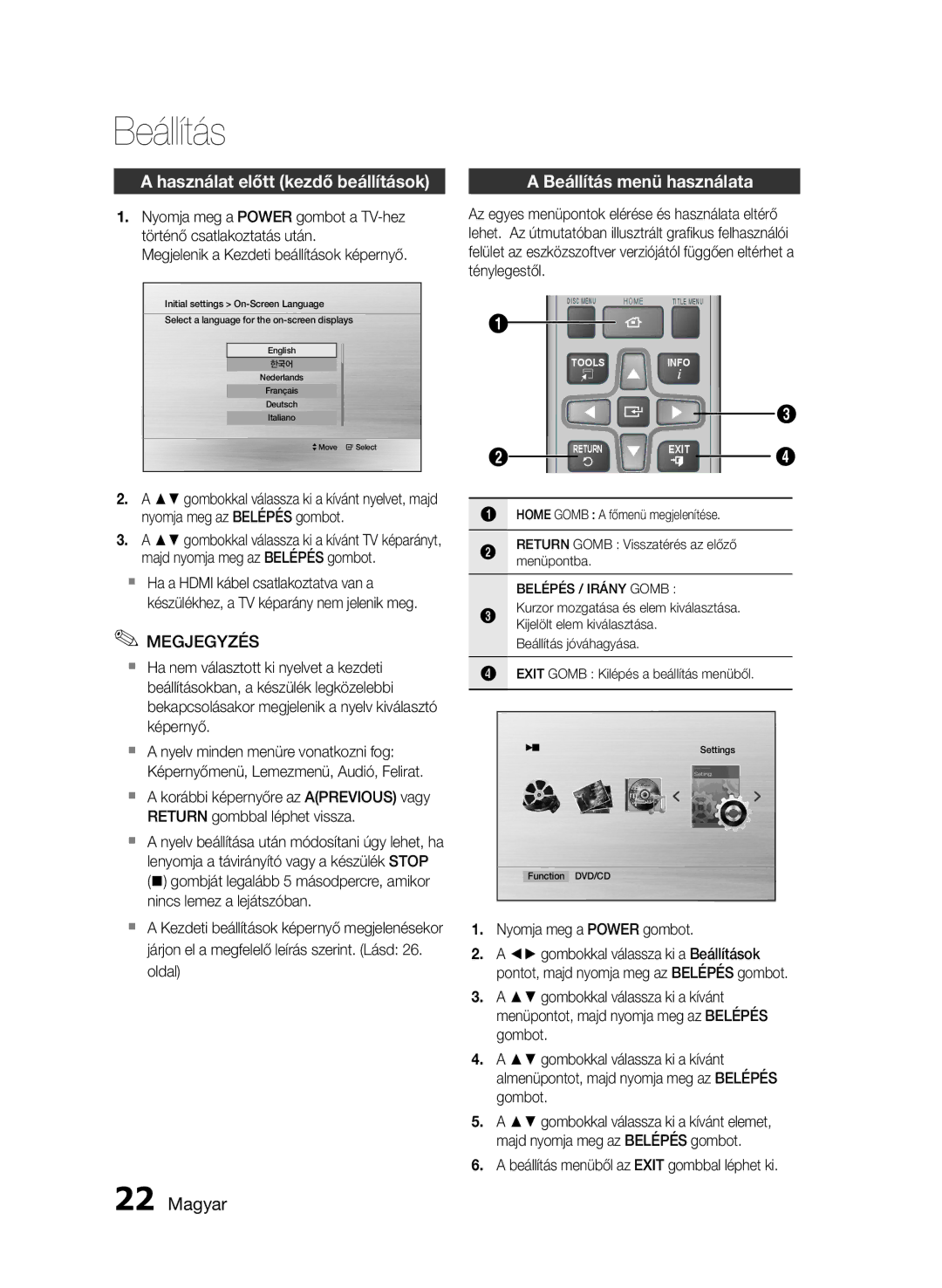 Samsung HT-E455/EN, HT-E453/EN manual Használat előtt kezdő beállítások, Beállítás menü használata 