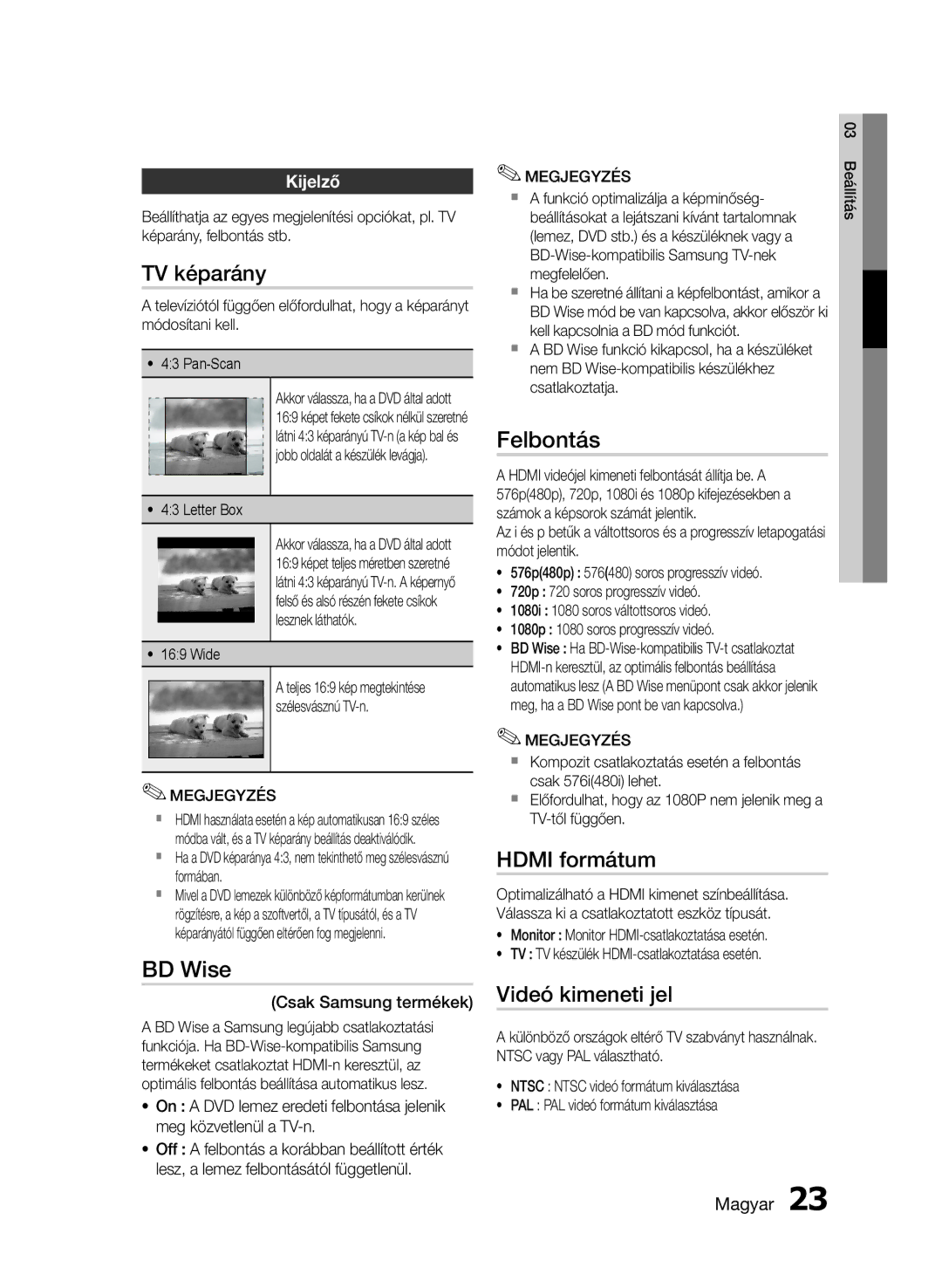 Samsung HT-E453/EN, HT-E455/EN manual TV képarány, Felbontás, Hdmi formátum, Videó kimeneti jel, Kijelző 