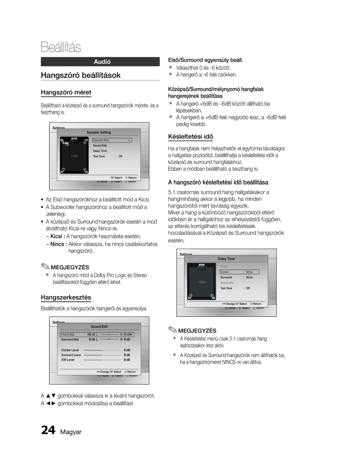 Samsung HT-E455/EN, HT-E453/EN manual Hangszóró beállítások, Audió 