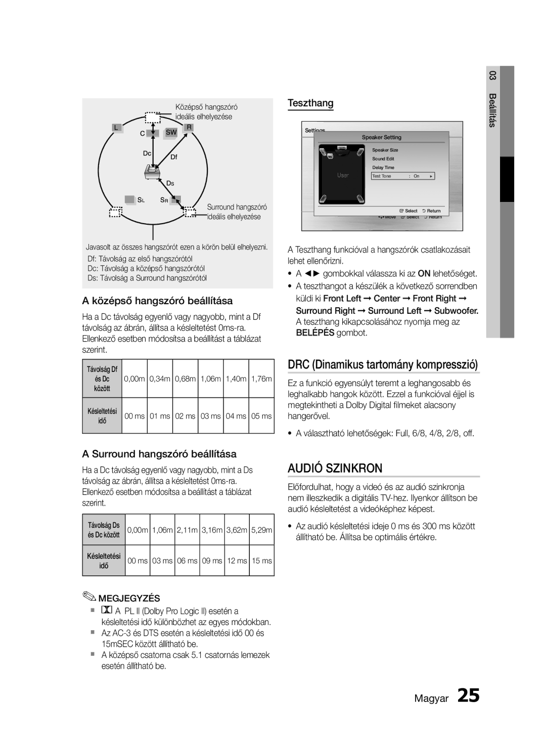 Samsung HT-E453/EN, HT-E455/EN manual Audió Szinkron, Középső hangszóró beállítása, Teszthang, Surround hangszóró beállítása 