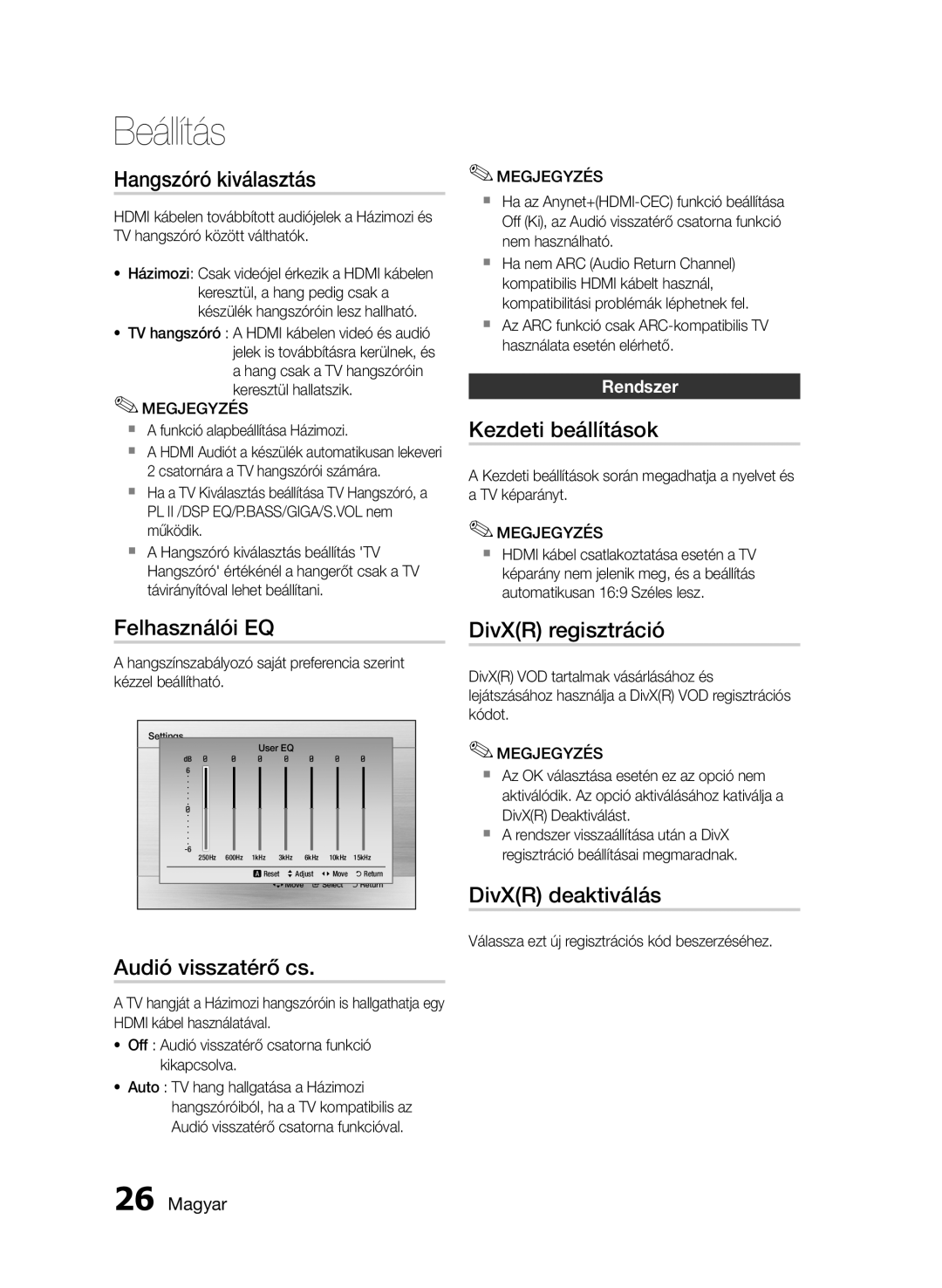 Samsung HT-E455/EN Hangszóró kiválasztás, Kezdeti beállítások, Felhasználói EQ, DivXR regisztráció, DivXR deaktiválás 