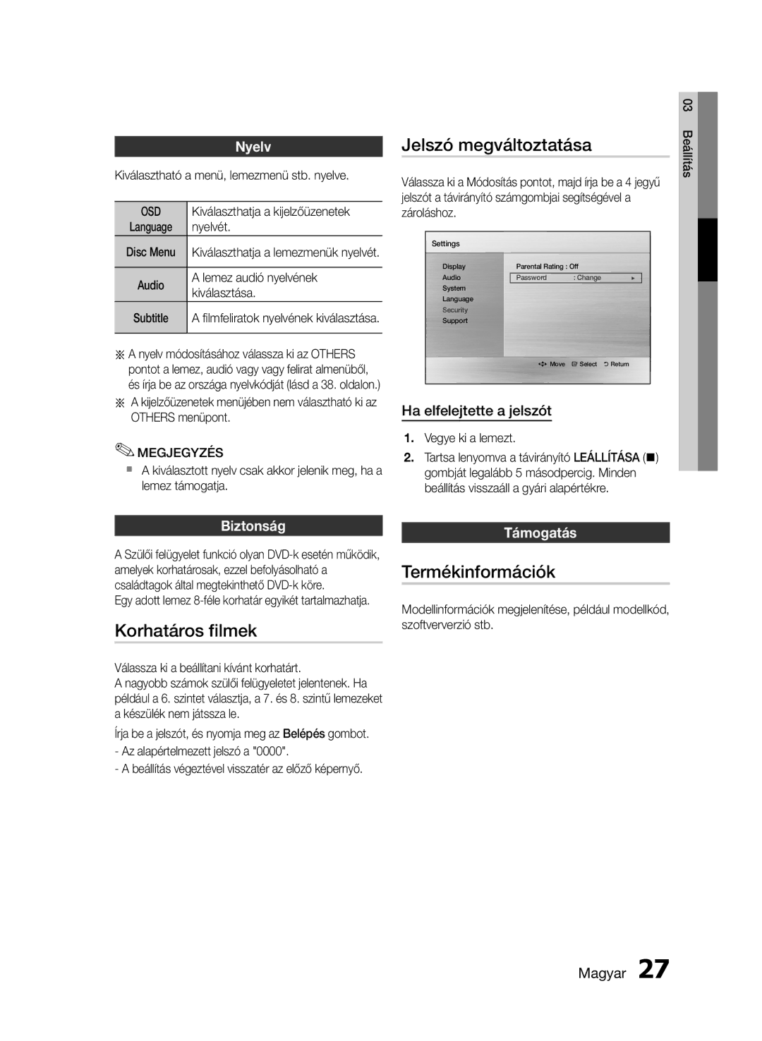 Samsung HT-E453/EN, HT-E455/EN manual Korhatáros filmek, Termékinformációk, Nyelv, Biztonság, Támogatás 