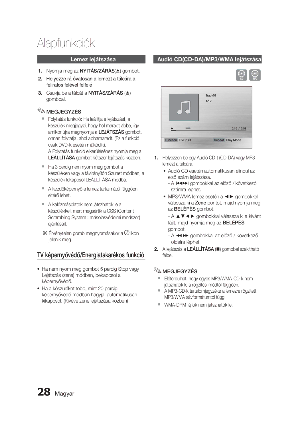 Samsung HT-E455/EN, HT-E453/EN manual Alapfunkciók, Lemez lejátszása, TV képernyővédő/Energiatakarékos funkció 