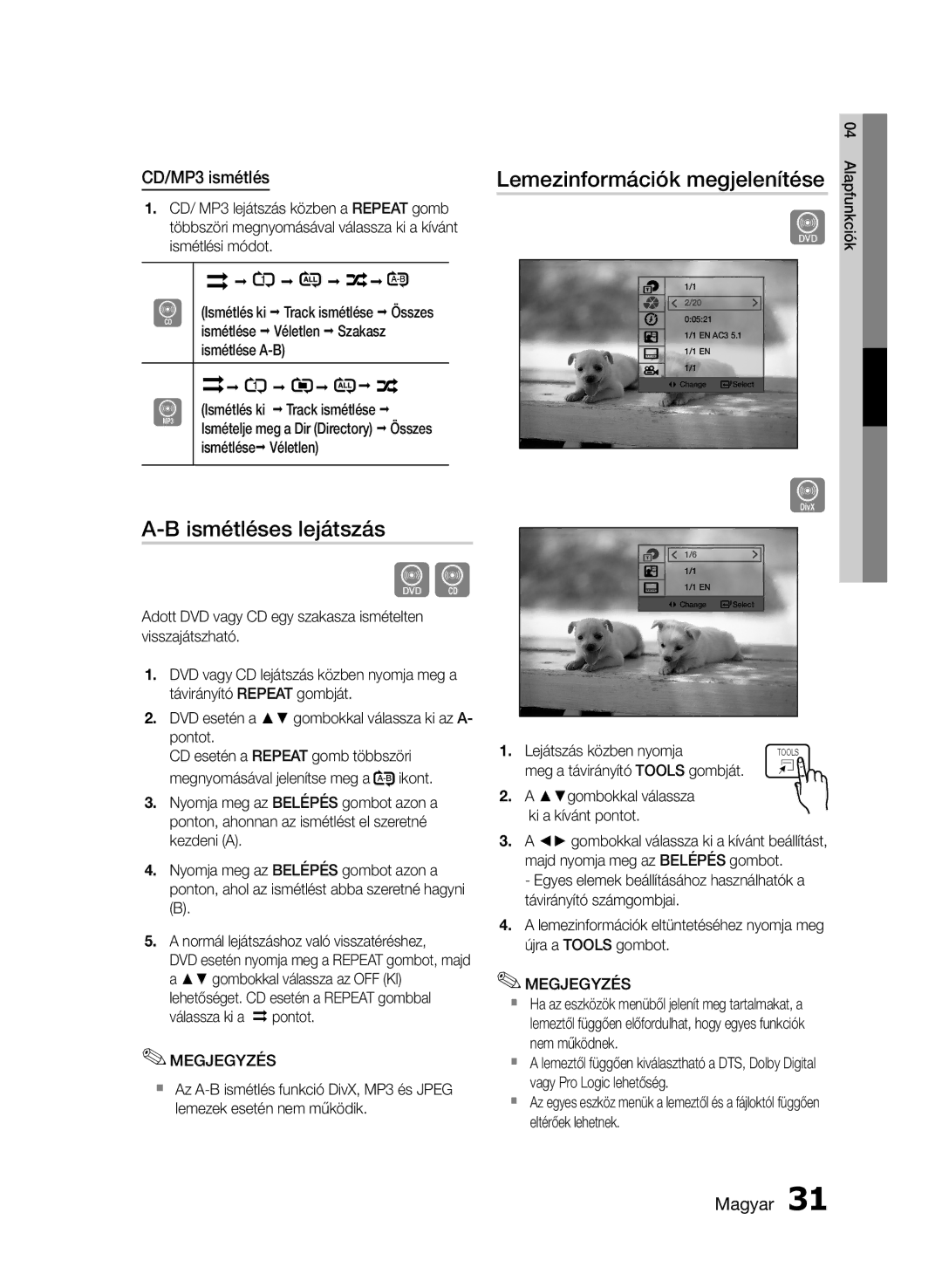 Samsung HT-E453/EN, HT-E455/EN manual Ismétléses lejátszás, Lemezinformációk megjelenítése, CD/MP3 ismétlés 