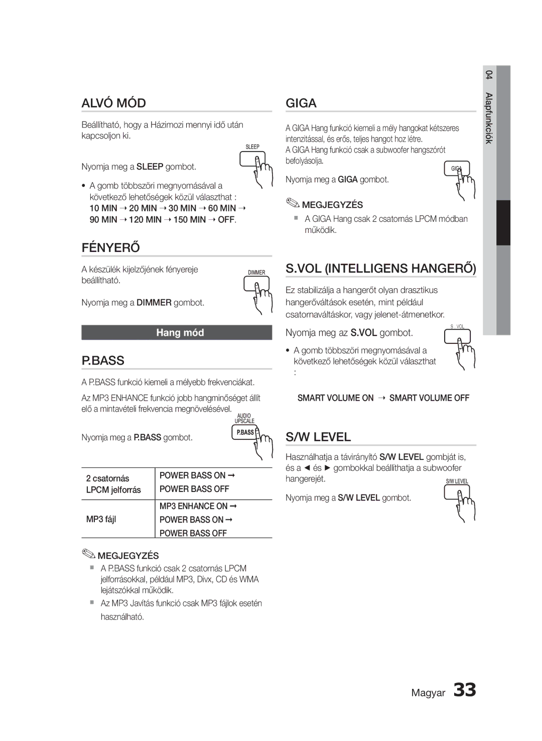 Samsung HT-E453/EN, HT-E455/EN manual Alvó MÓD, Fényerő, VOL Intelligens Hangerő, Level, Hang mód 