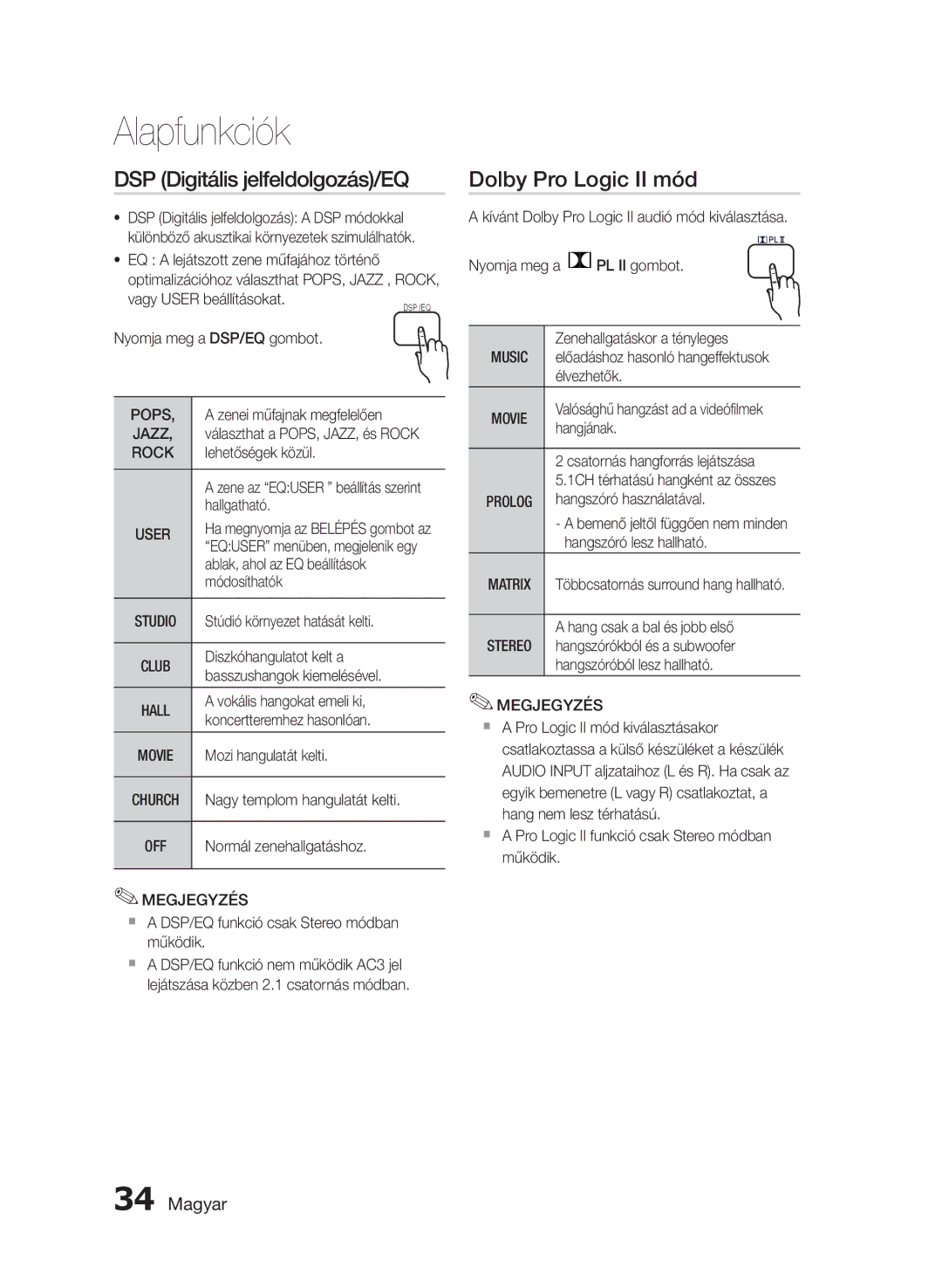 Samsung HT-E455/EN, HT-E453/EN manual DSP Digitális jelfeldolgozás/EQ, Dolby Pro Logic II mód 