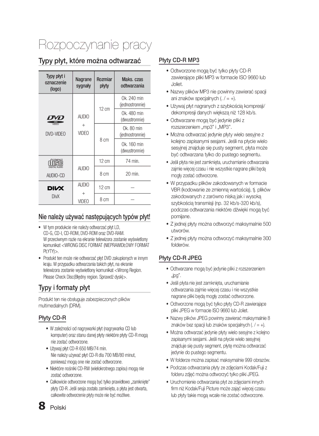 Samsung HT-E455/EN, HT-E453/EN manual Typy płyt, które można odtwarzać, Typy i formaty płyt 