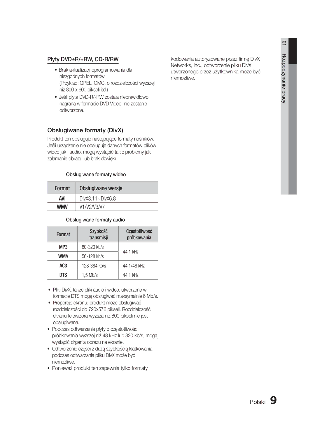 Samsung HT-E453/EN, HT-E455/EN manual Płyty DVD±R/±RW, CD-R/RW, Obsługiwane formaty DivX, Format, V1/V2/V3/V7 