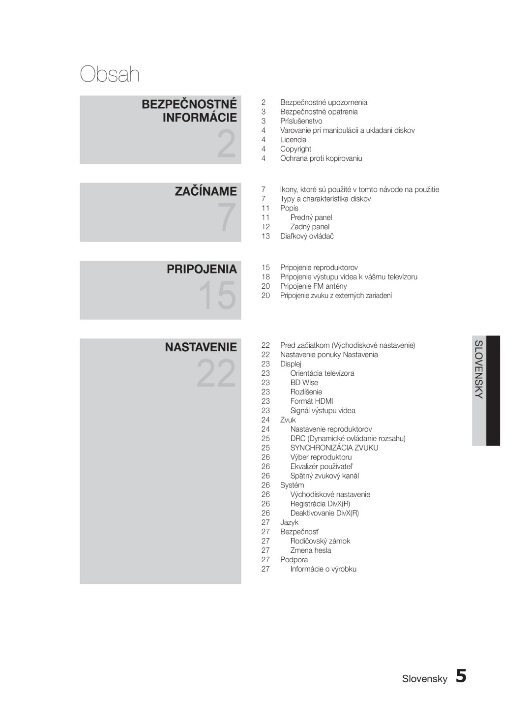 Samsung HT-E453/EN, HT-E455/EN manual Obsah, Bezpečnostné Informácie Začíname Pripojenia Nastavenie 