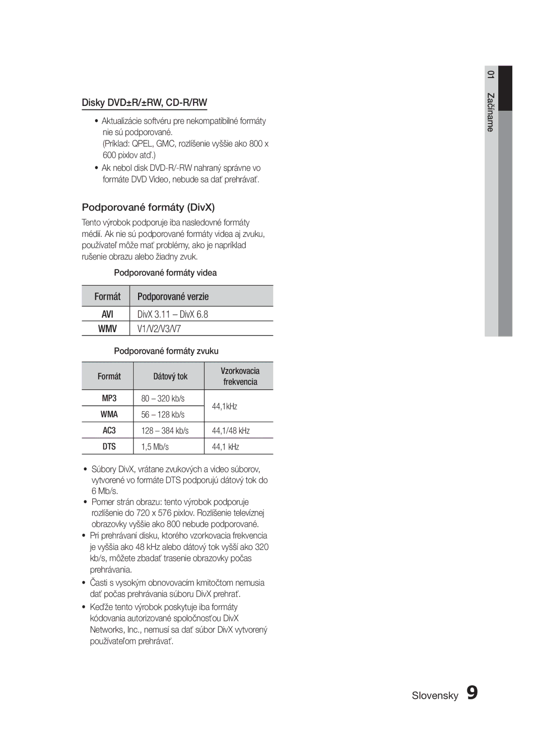 Samsung HT-E453/EN, HT-E455/EN manual Disky DVD±R/±RW, CD-R/RW, Podporované formáty DivX, Formát 