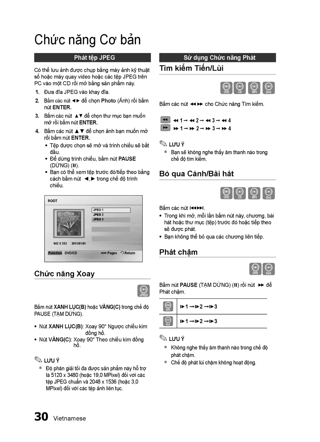 Samsung HT-E455K/XV manual Chức năng Cơ bản, Chức năng Xoay, Tìm kiếm Tiến/Lùi, Bỏ qua Cảnh/Bài hát, Phát chậm 