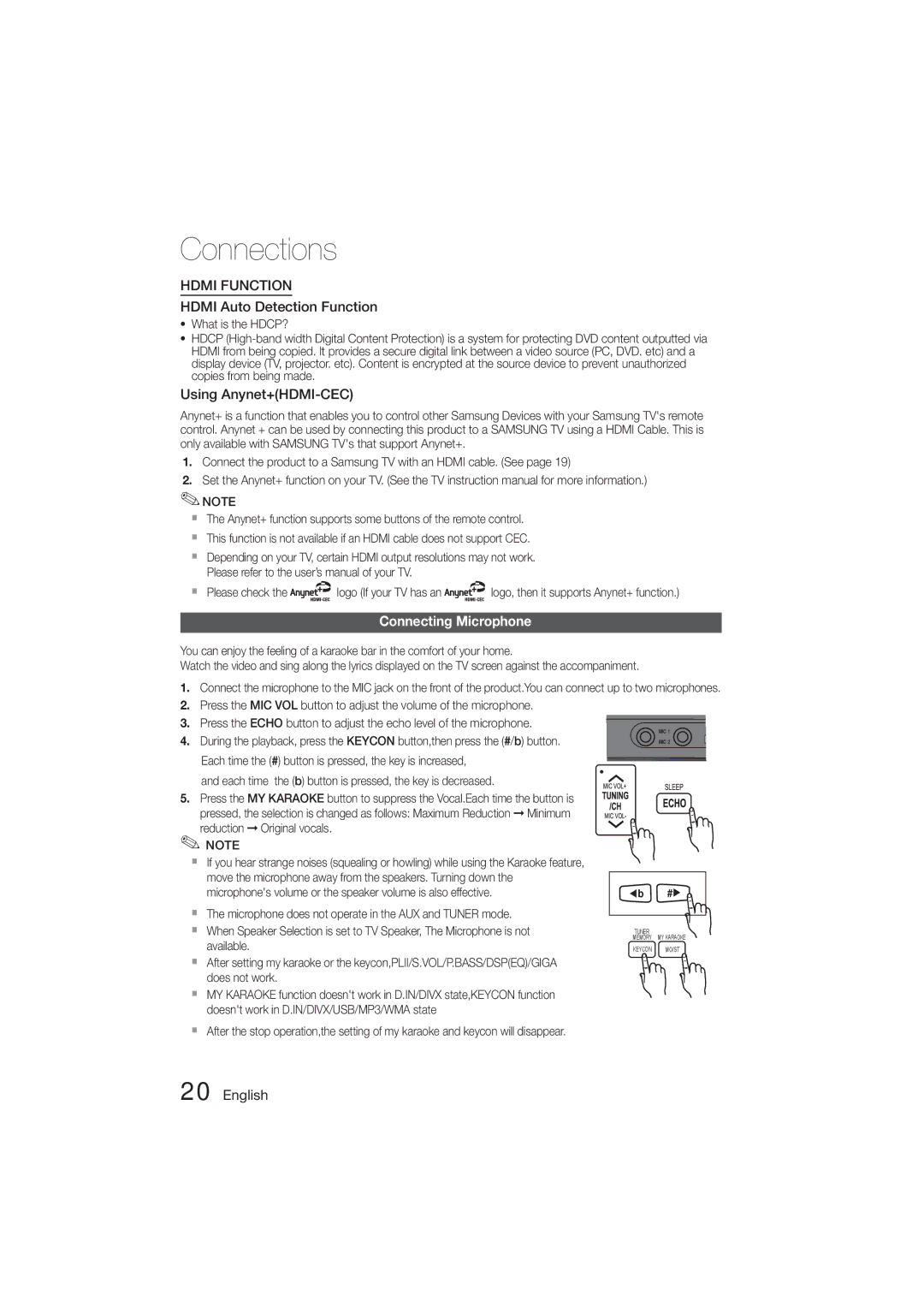 Samsung HT-E453HK/ZN, HT-E455K/ZN, HT-E455K/SH manual Using Anynet+HDMI-CEC, Connecting Microphone, Reduction Original vocals 