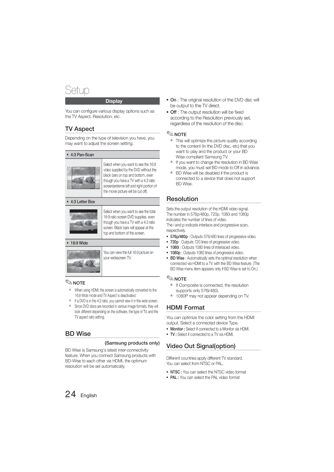 Samsung HT-E445K/HC, HT-E455K/ZN, HT-E455K/SH manual TV Aspect, BD Wise, Resolution, Hdmi Format, Video Out Signaloption 