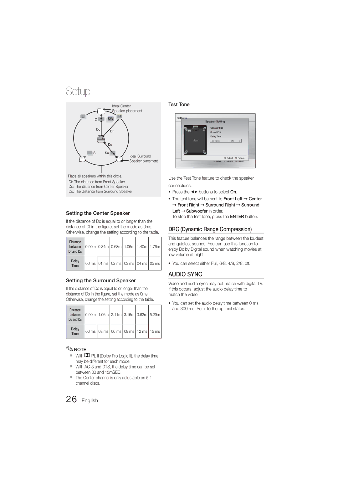 Samsung HT-E450K/UM DRC Dynamic Range Compression, Setting the Center Speaker, Setting the Surround Speaker, Test Tone 