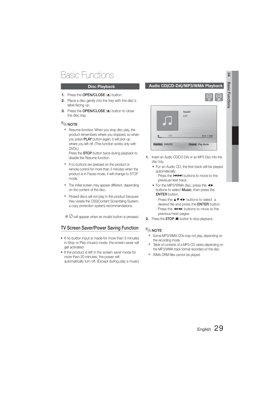 Samsung HT-E455K/XV Basic Functions, TV Screen Saver/Power Saving Function, Disc Playback, Audio CDCD-DA/MP3/WMA Playback 