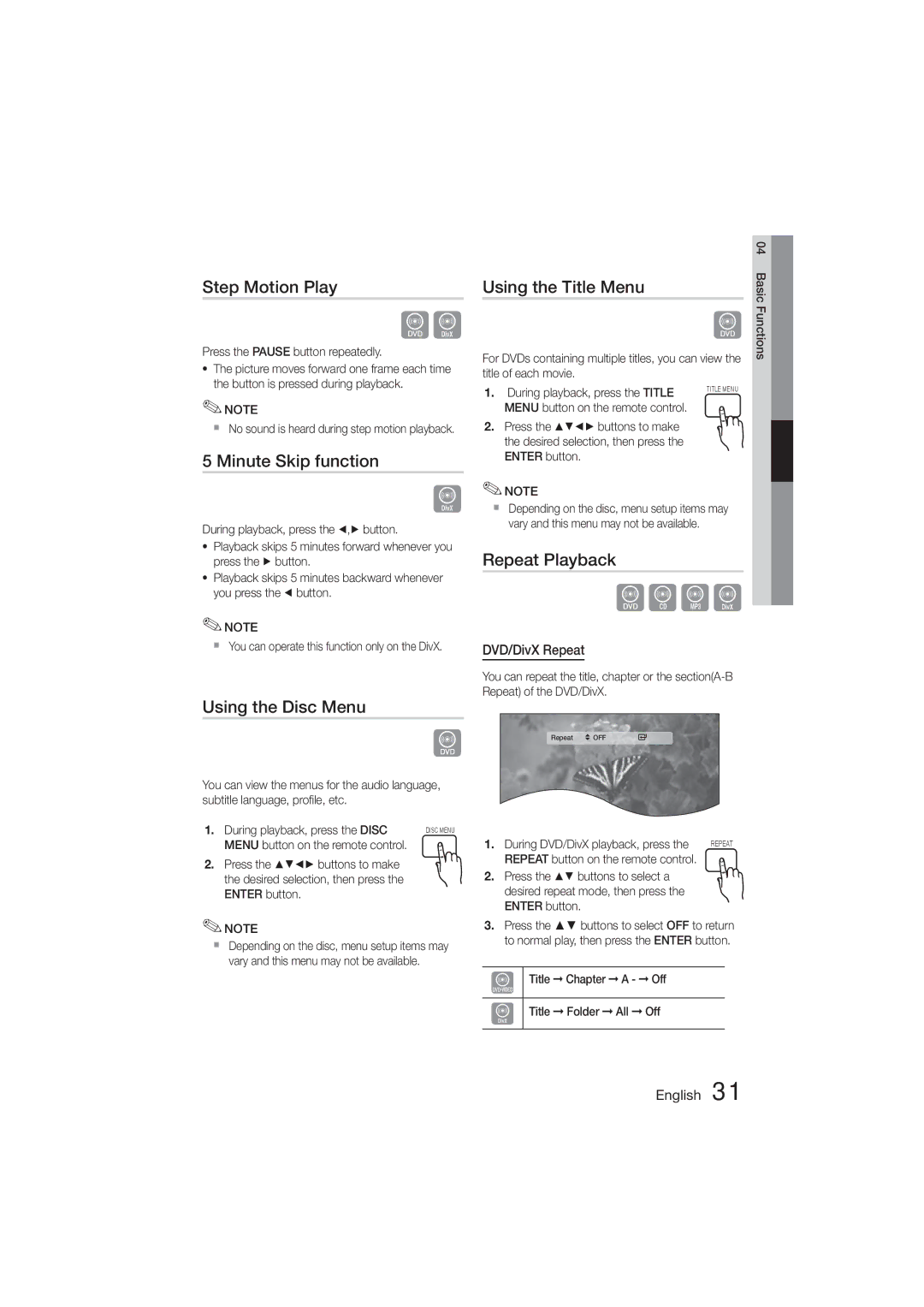 Samsung HT-E453K/XV Step Motion Play, Minute Skip function, Using the Disc Menu, Using the Title Menu, Repeat Playback 