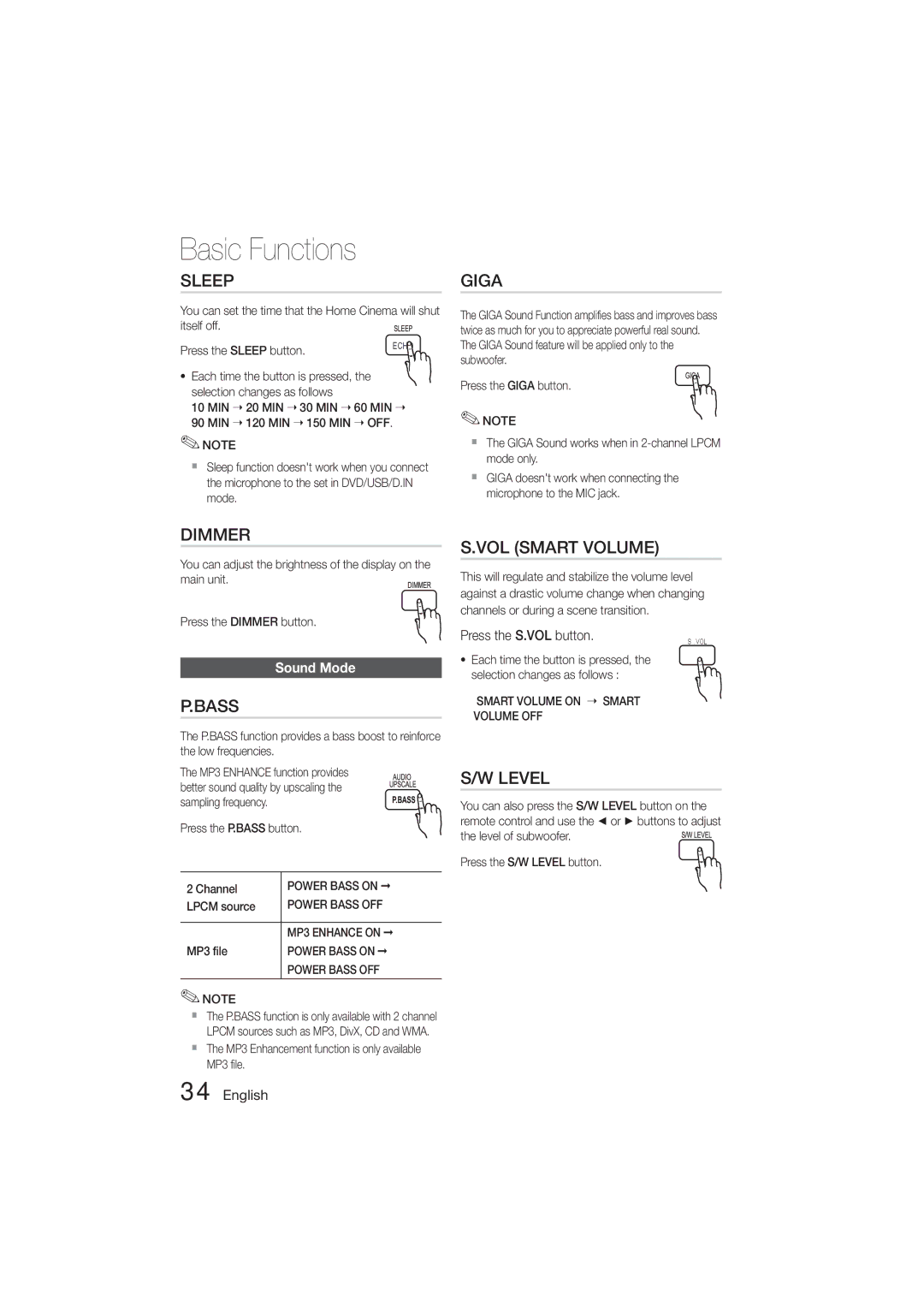 Samsung HT-E455K/ZN, HT-E455K/SH, HT-E450K/SJ, HT-E453HK/ZN, HT-E453HK/UM, HT-E455K/UM manual Sound Mode, Press the S.VOL button 