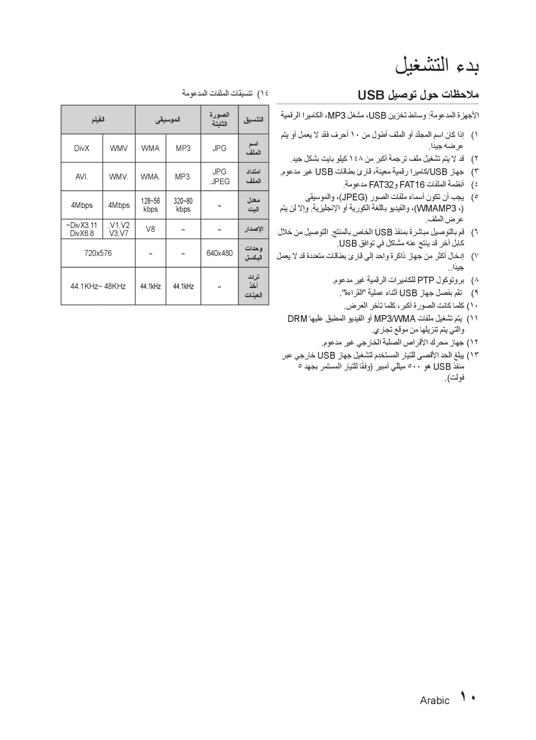 Samsung HT-E453K/SJ, HT-E455K/ZN, HT-E455K/SH, HT-E450K/SJ, HT-E455K/UM Usb ليصوت لوح تاظحلام, ةموعدملا تافلملا تاقيسنت, تلوف 