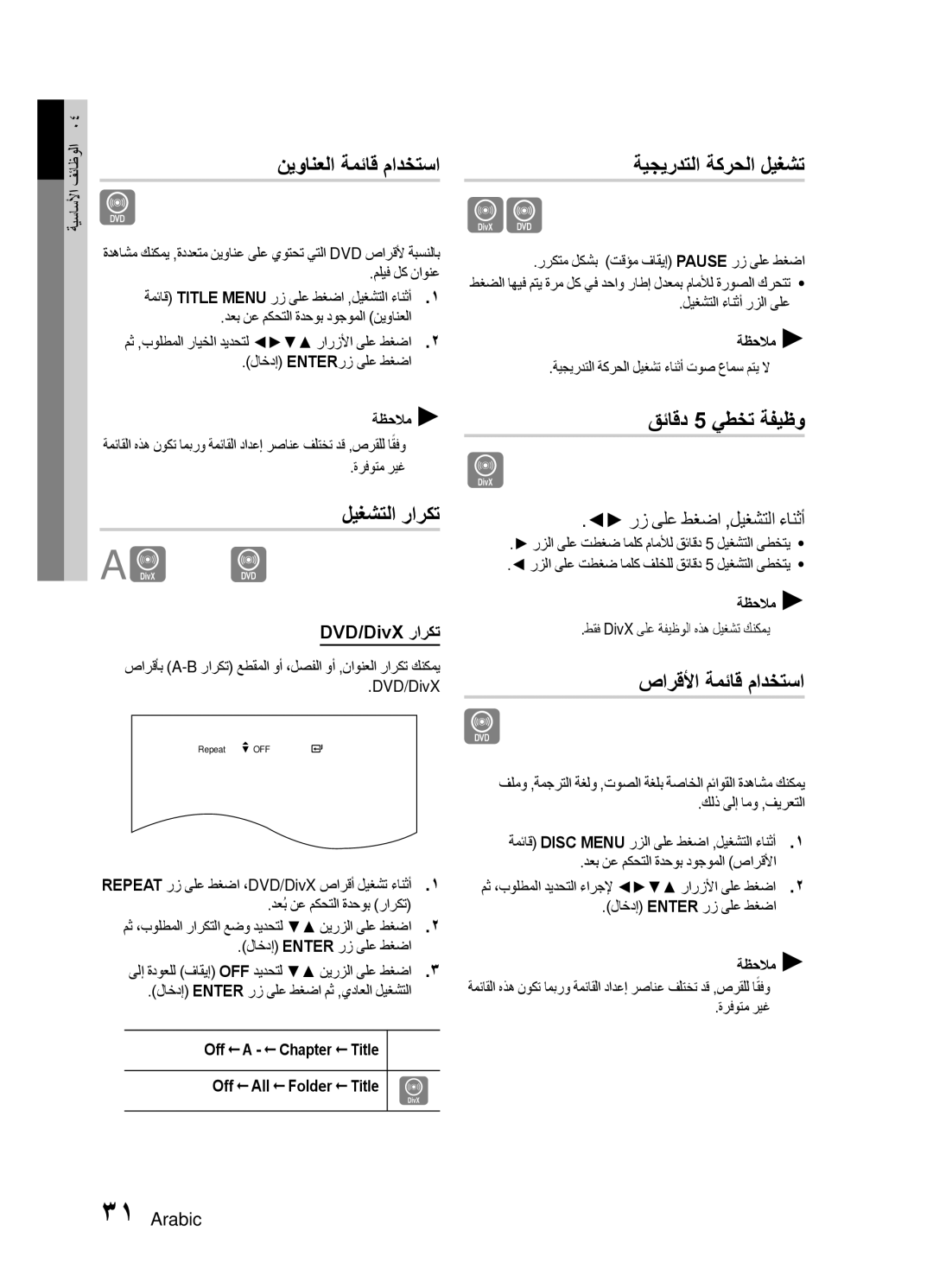 Samsung HT-E445K/HC manual ليغشتلا راركت, ةيجيردتلا ةكرحلا ليغشت, قئاقد 5 يطخت ةفيظو, صارقلأا ةمئاق مادختسا, DVD/DivX راركت 