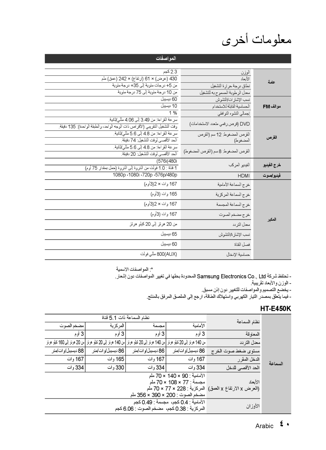 Samsung HT-E453HK/UM, HT-E455K/ZN, HT-E455K/SH, HT-E450K/SJ تافصاوملا, ددرتلا لدعم, نازولأا, مجك 6.06 توصلا مخضم, ةعامسلا 