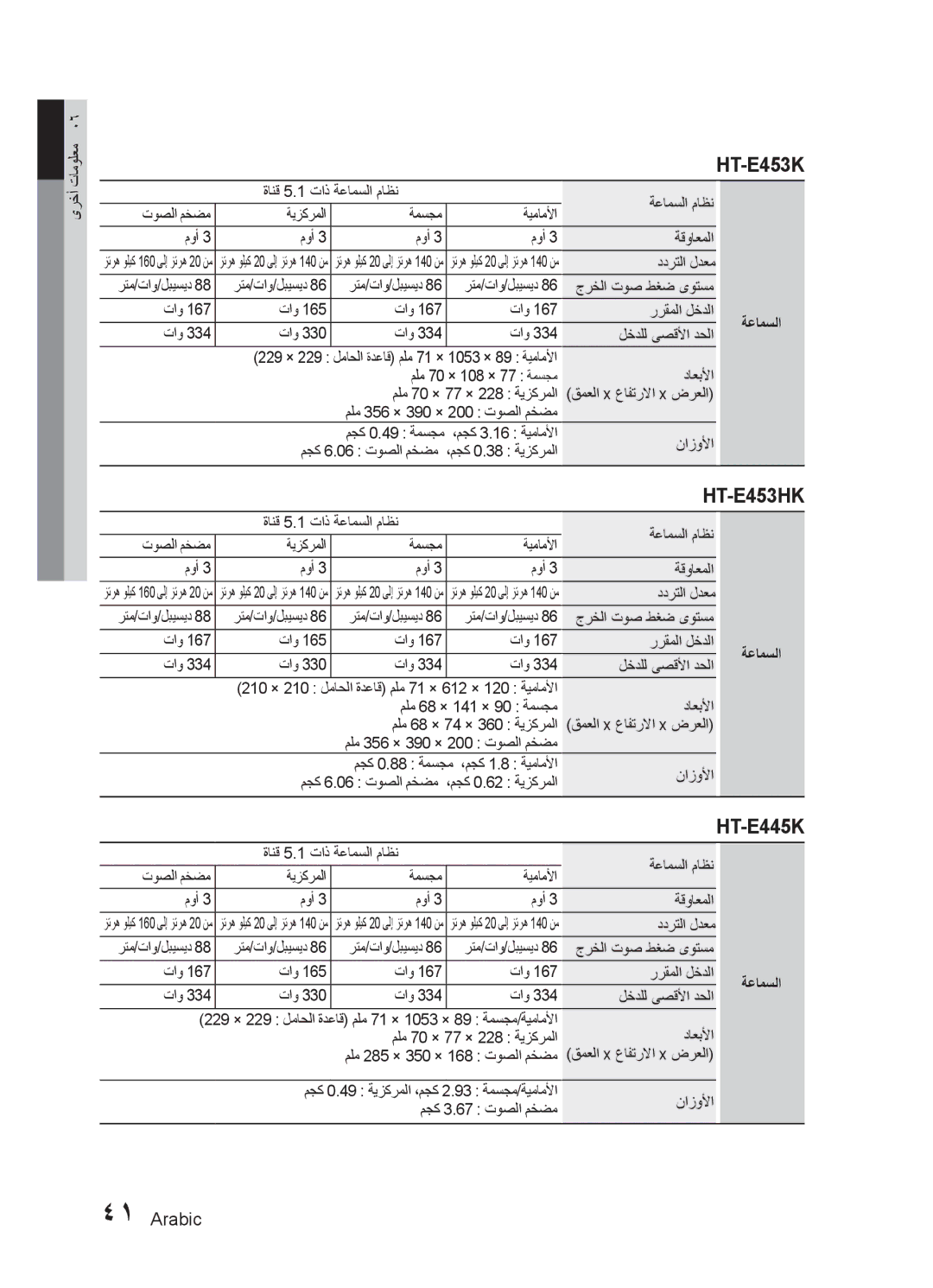 Samsung HT-E455K/UM, HT-E455K/ZN رتم/تاو/لبيسيد جرخلا توص طغض ىوتسم ررقملا لخدلا, تاو لخدلل ىصقلأا دحلا, مجك 0.49 ةمسجم 