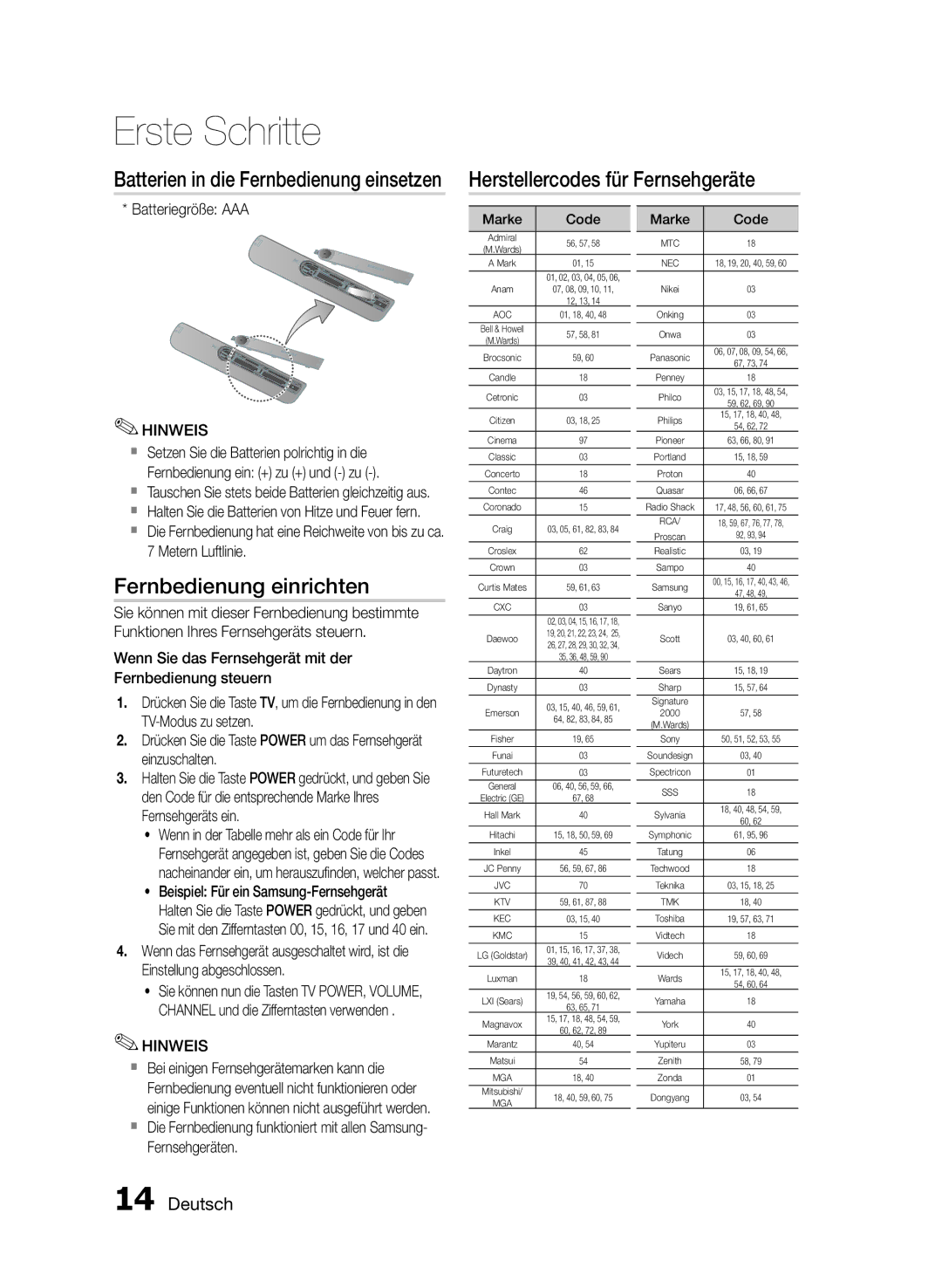 Samsung HT-E455/TK Herstellercodes für Fernsehgeräte, Fernbedienung einrichten, Batterien in die Fernbedienung einsetzen 