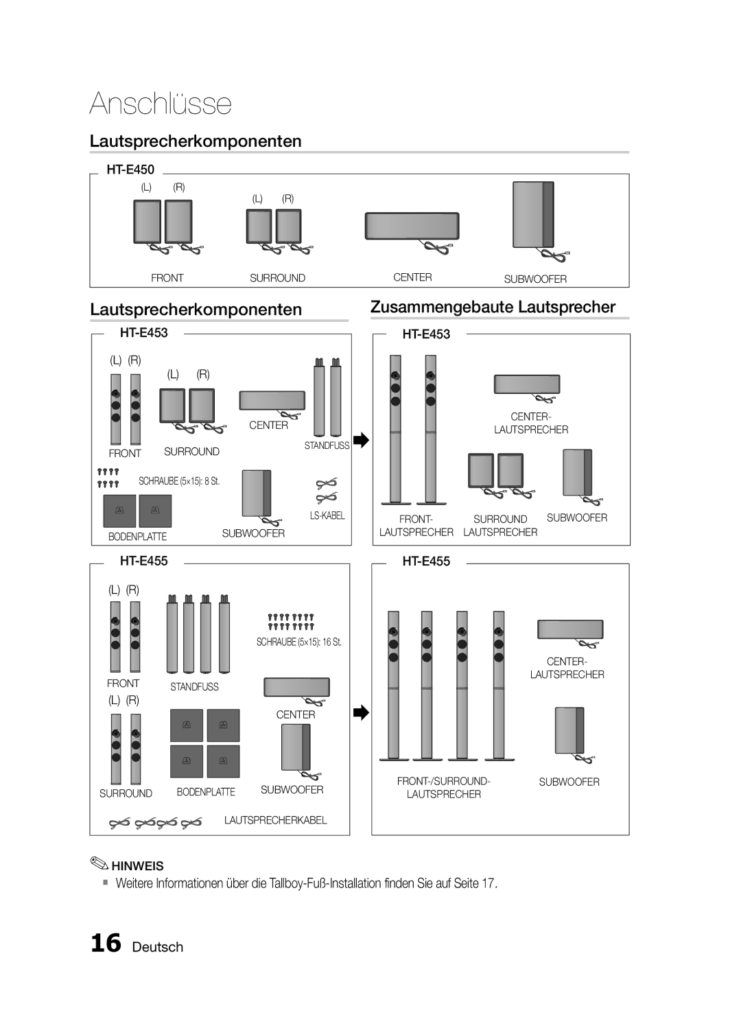 Samsung HT-E453/EN, HT-E455/TK, HT-E455/EN manual Lautsprecherkomponenten, Schraube 5×15 8 St 