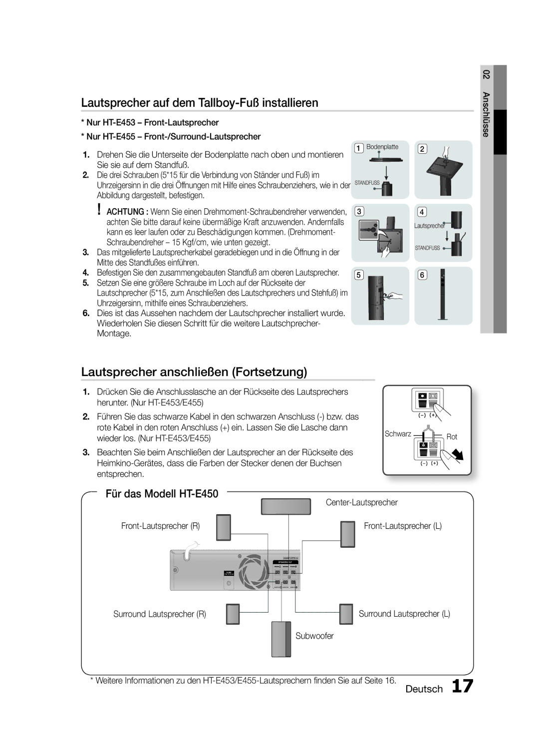 Samsung HT-E455/TK, HT-E455/EN manual Lautsprecher auf dem Tallboy-Fuß installieren, Lautsprecher anschließen Fortsetzung 