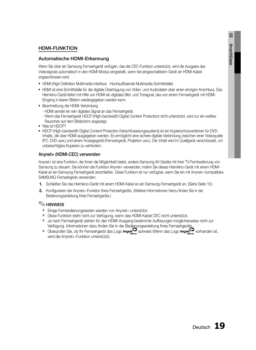 Samsung HT-E453/EN manual Automatische HDMI-Erkennung, Anynet+ HDMI-CEC verwenden, Wird die Anynet+-Funktion unterstützt 