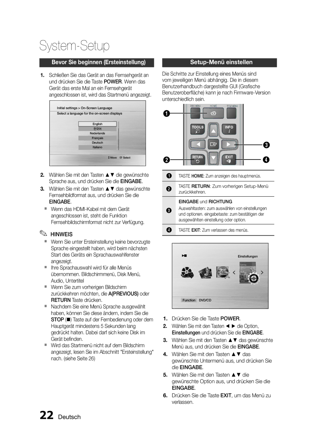 Samsung HT-E453/EN, HT-E455/TK, HT-E455/EN System-Setup, Bevor Sie beginnen Ersteinstellung, Setup-Menü einstellen, Eingabe 