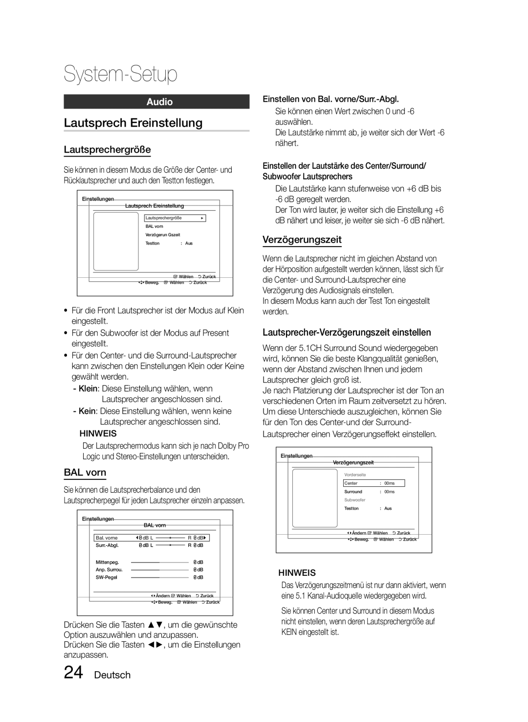 Samsung HT-E455/EN, HT-E455/TK, HT-E453/EN manual Lautsprech Ereinstellung, Lautsprechergröße, BAL vorn, Verzögerungszeit 