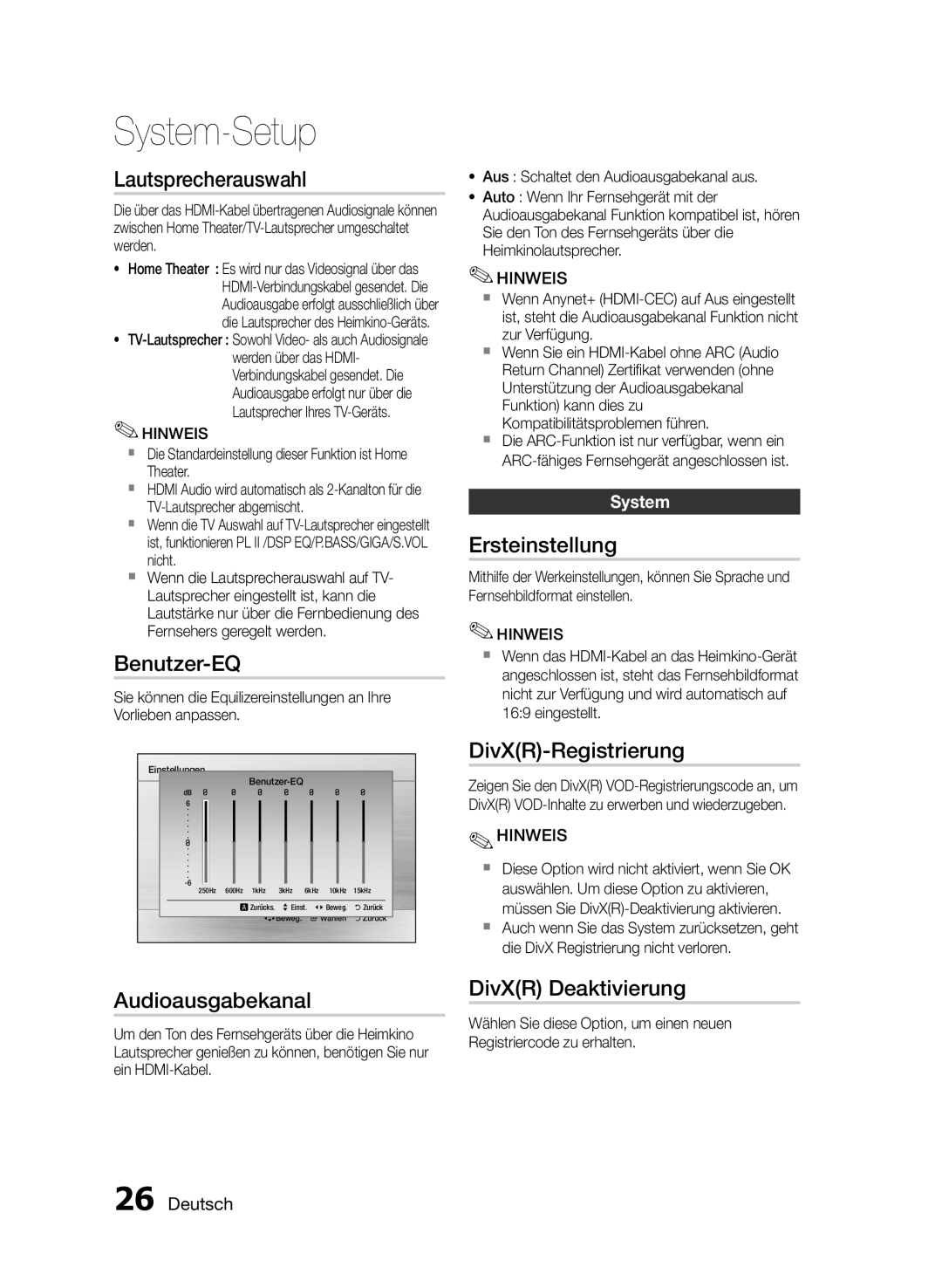 Samsung HT-E455/TK, HT-E455/EN Lautsprecherauswahl, Benutzer-EQ, Ersteinstellung, DivXR-Registrierung, Audioausgabekanal 