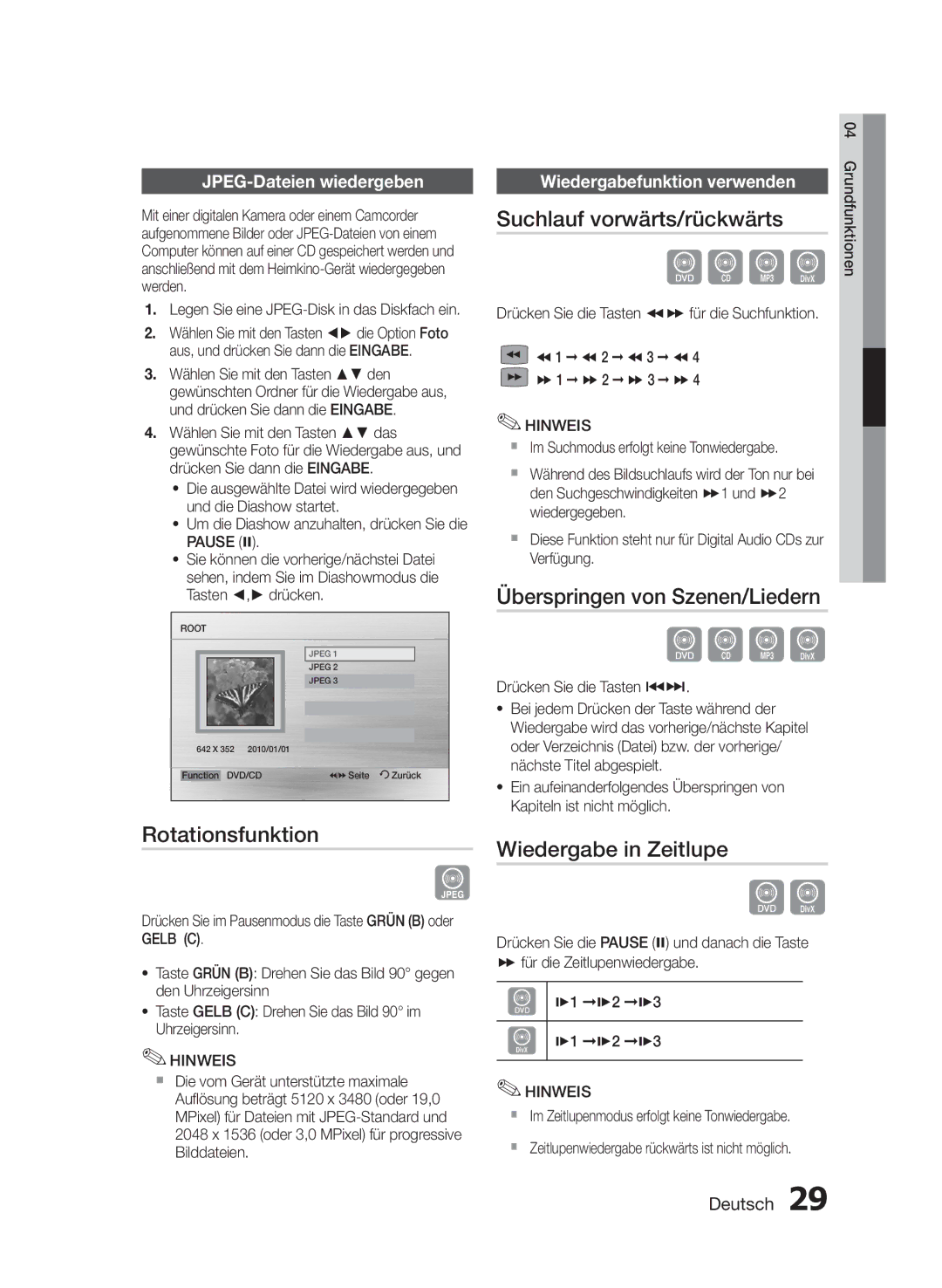 Samsung HT-E455/TK Rotationsfunktion, Suchlauf vorwärts/rückwärts, Überspringen von Szenen/Liedern, Wiedergabe in Zeitlupe 