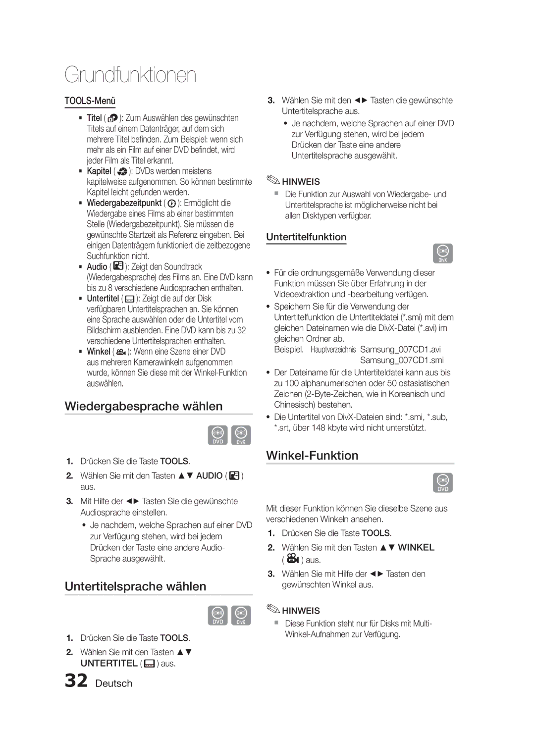 Samsung HT-E455/TK Wiedergabesprache wählen, Untertitelsprache wählen, Winkel-Funktion, TOOLS-Menü, Untertitelfunktion 